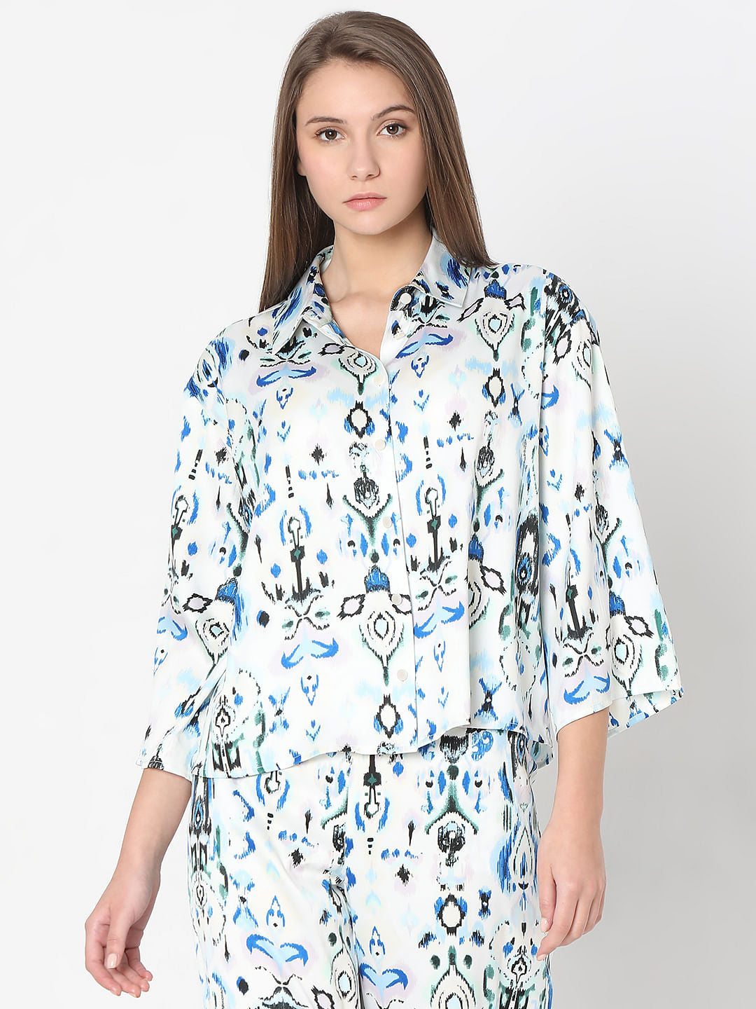 White Abstract Print Co-Ord Set Shirt