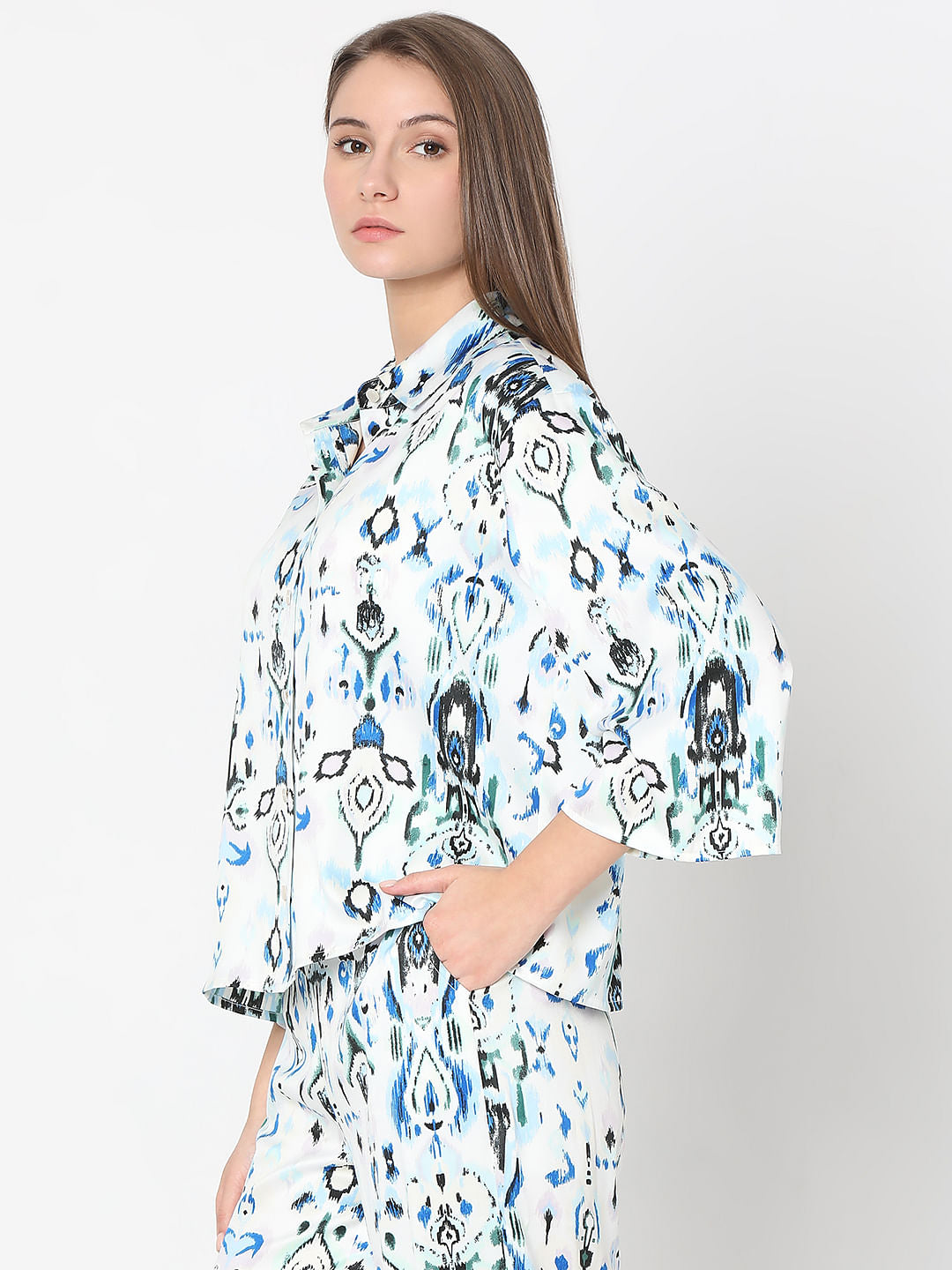 White Abstract Print Co-Ord Set Shirt