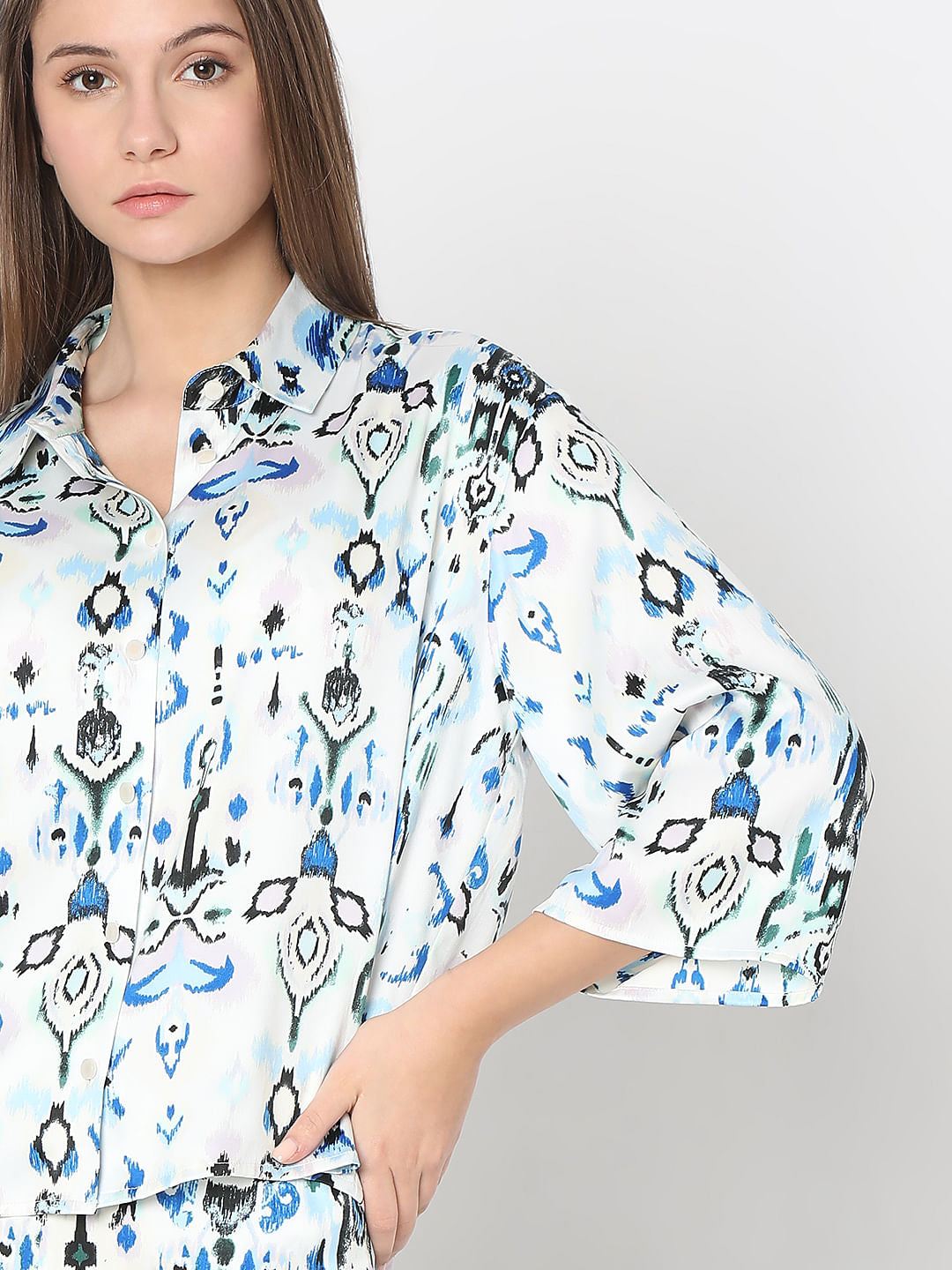 White Abstract Print Co-Ord Set Shirt