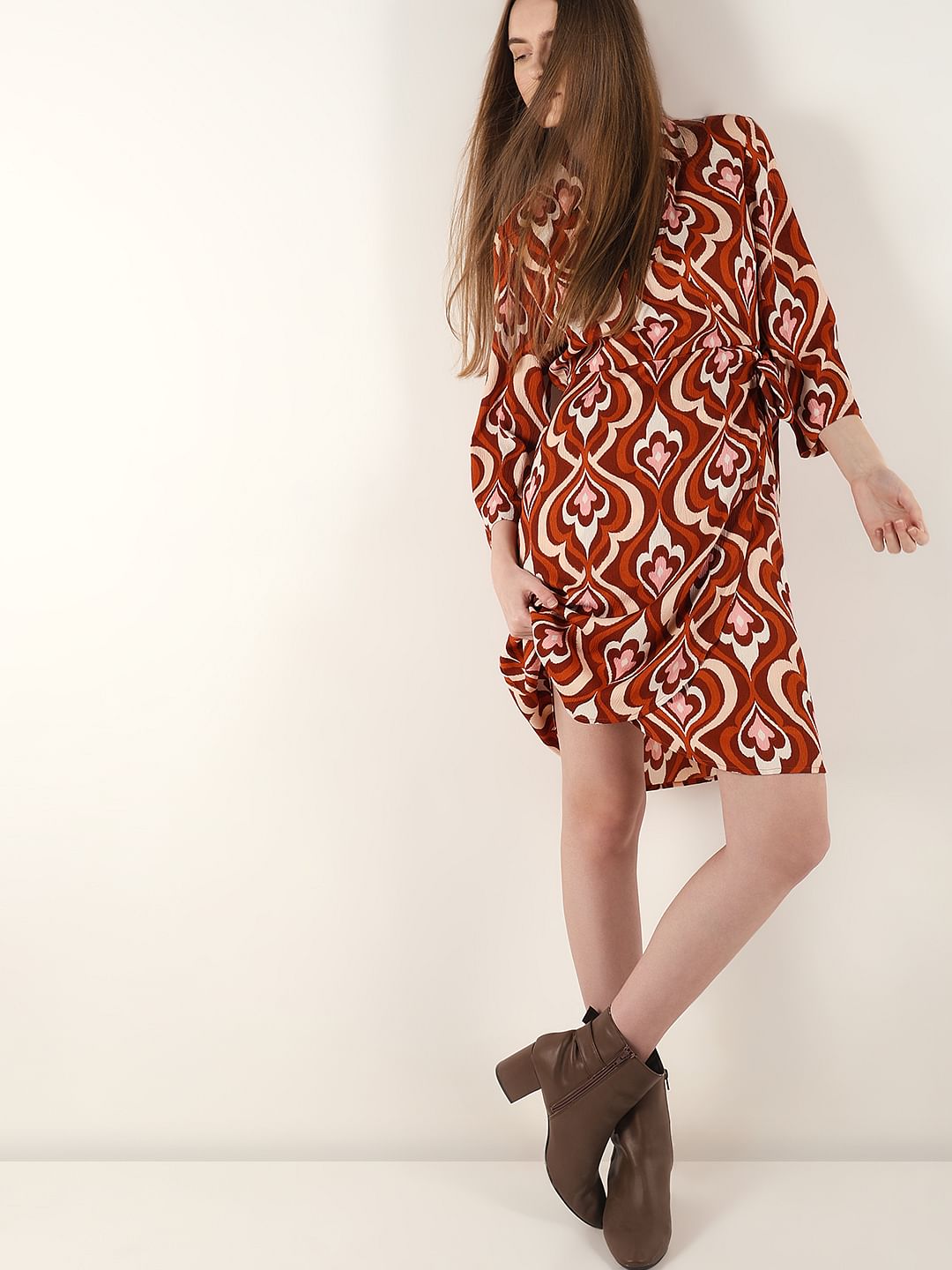 Orange Printed Mock Wrap Dress