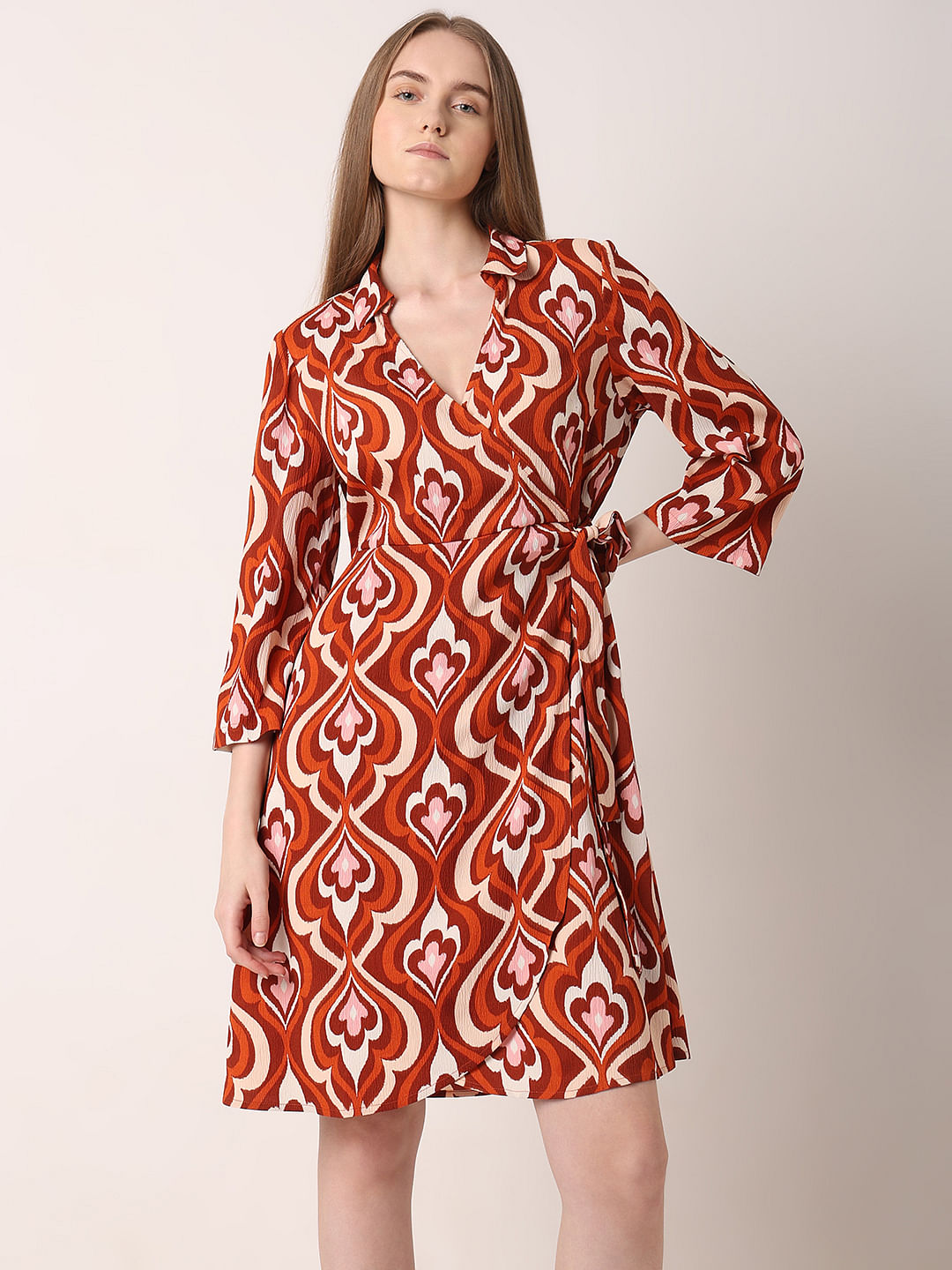 Orange Printed Mock Wrap Dress