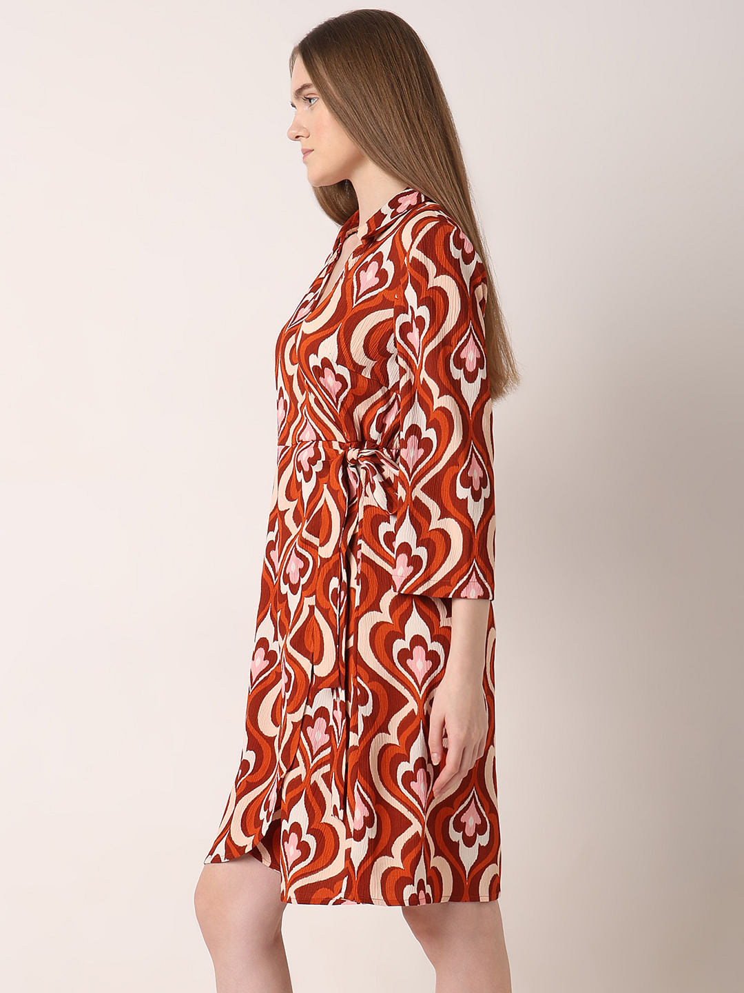 Orange Printed Mock Wrap Dress