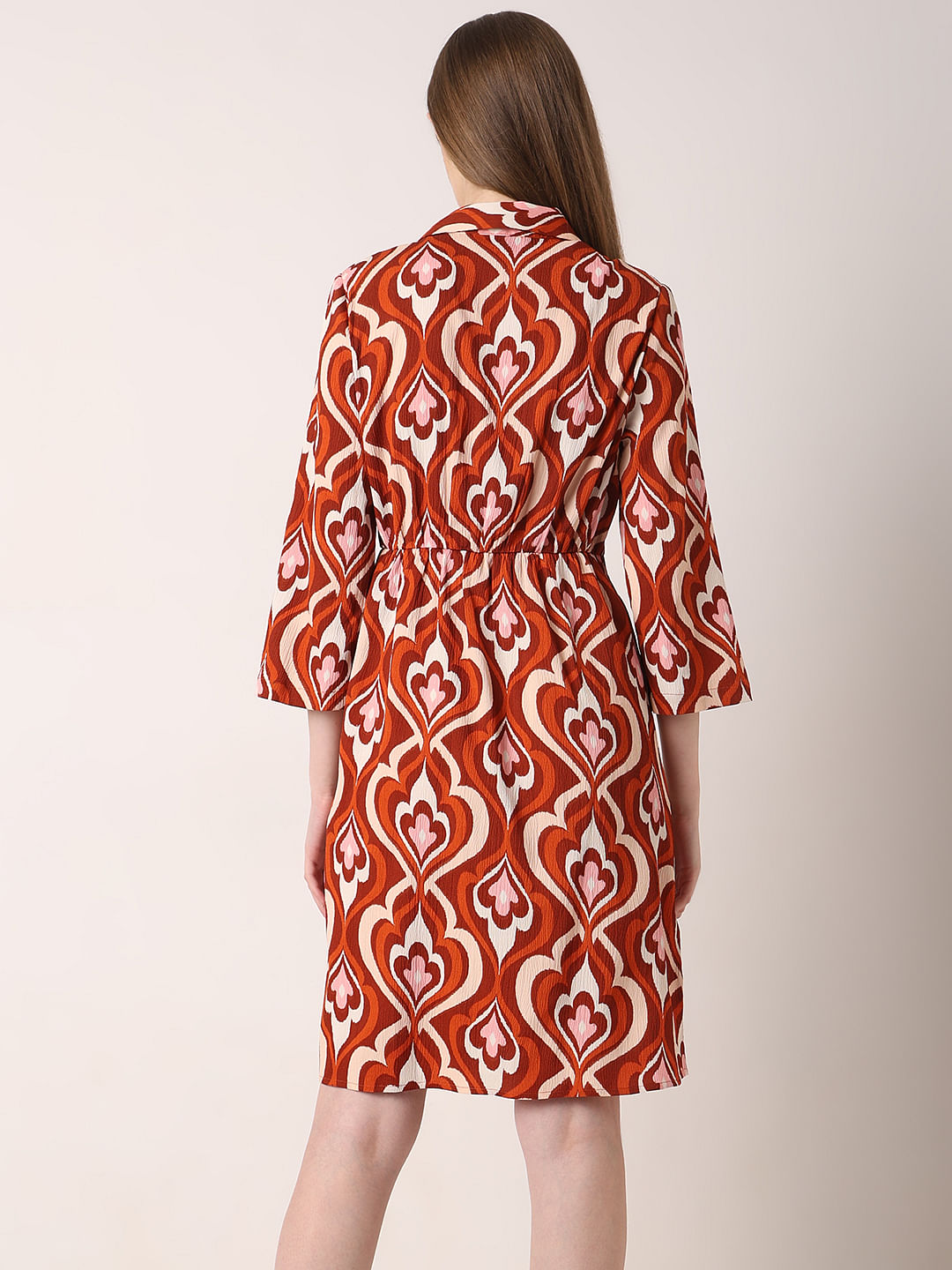 Orange Printed Mock Wrap Dress