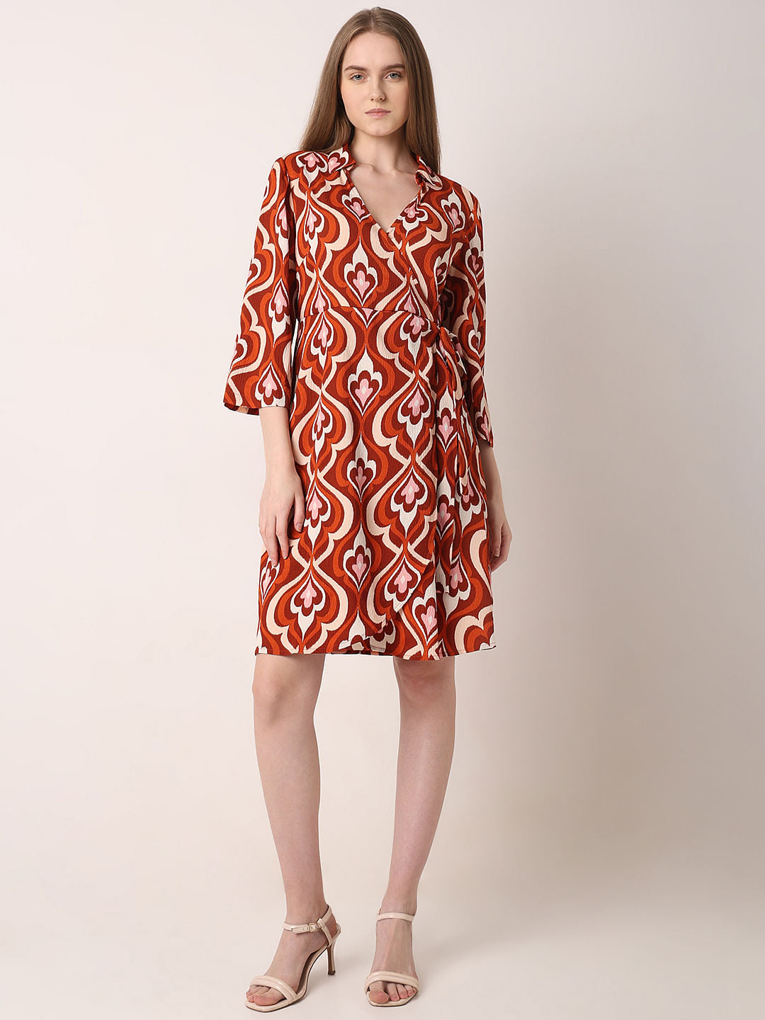 Orange Printed Mock Wrap Dress