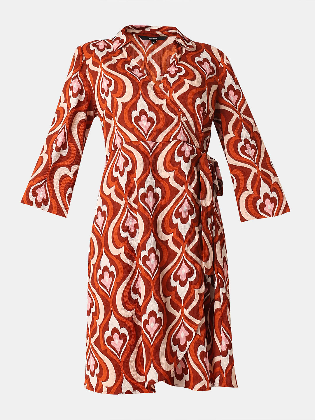 Orange Printed Mock Wrap Dress