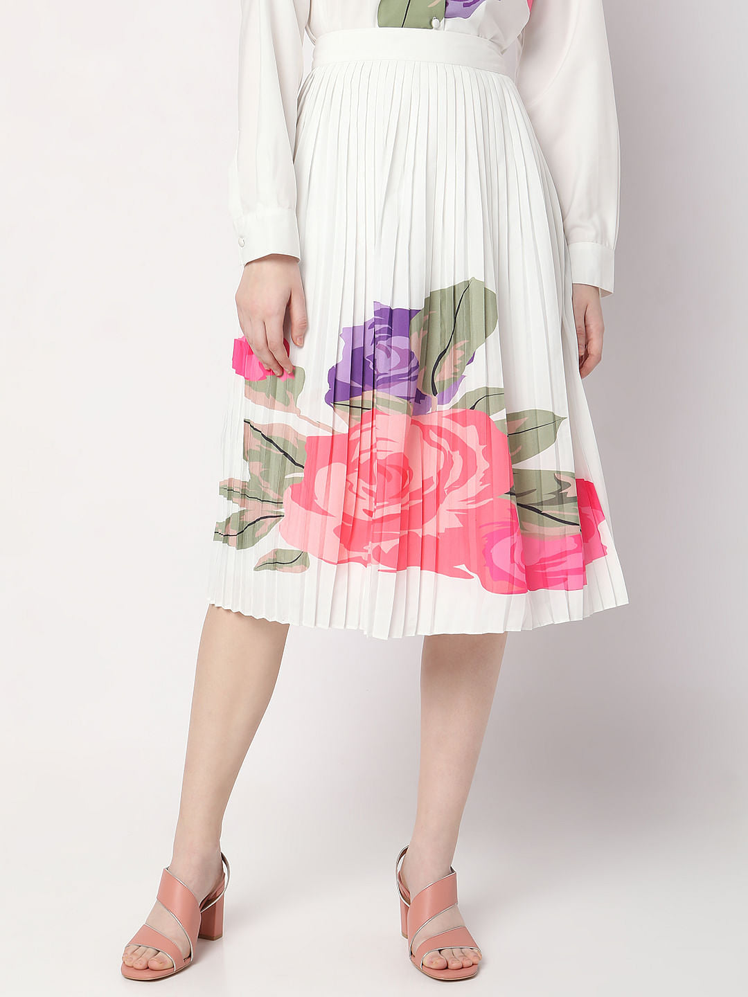 White Floral Pleated Midi Co-Ord Set Skirt