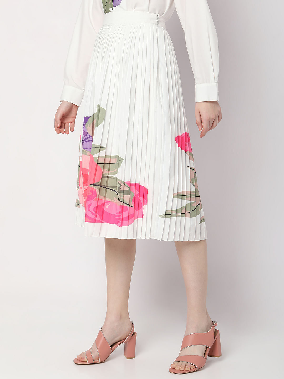 White Floral Pleated Midi Co-Ord Set Skirt