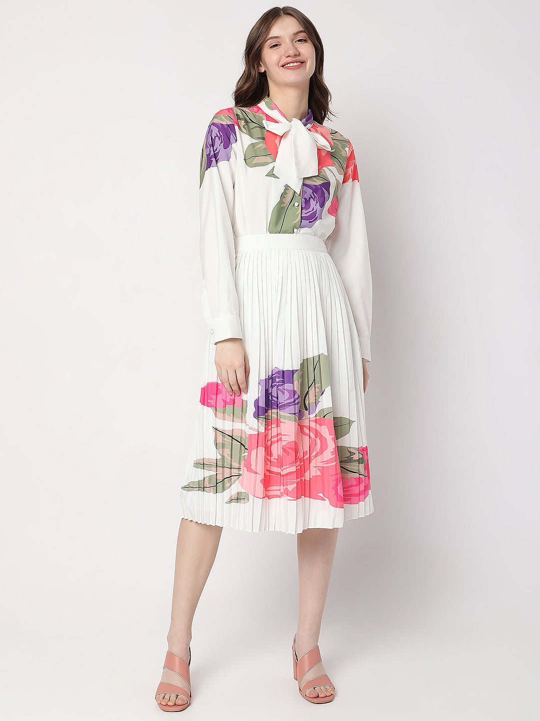 White Floral Pleated Midi Co-Ord Set Skirt