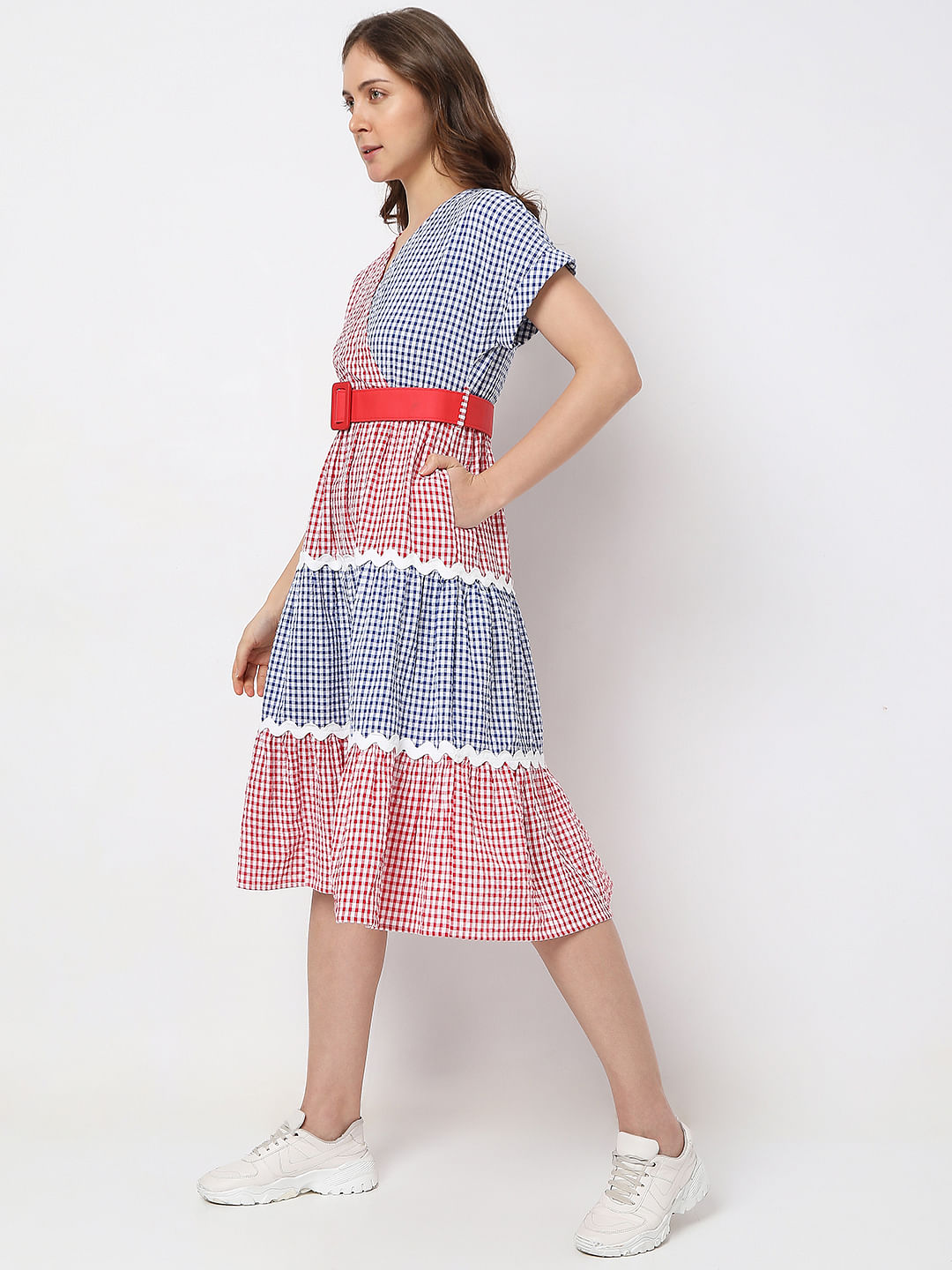 Red Check Print Midi Dress