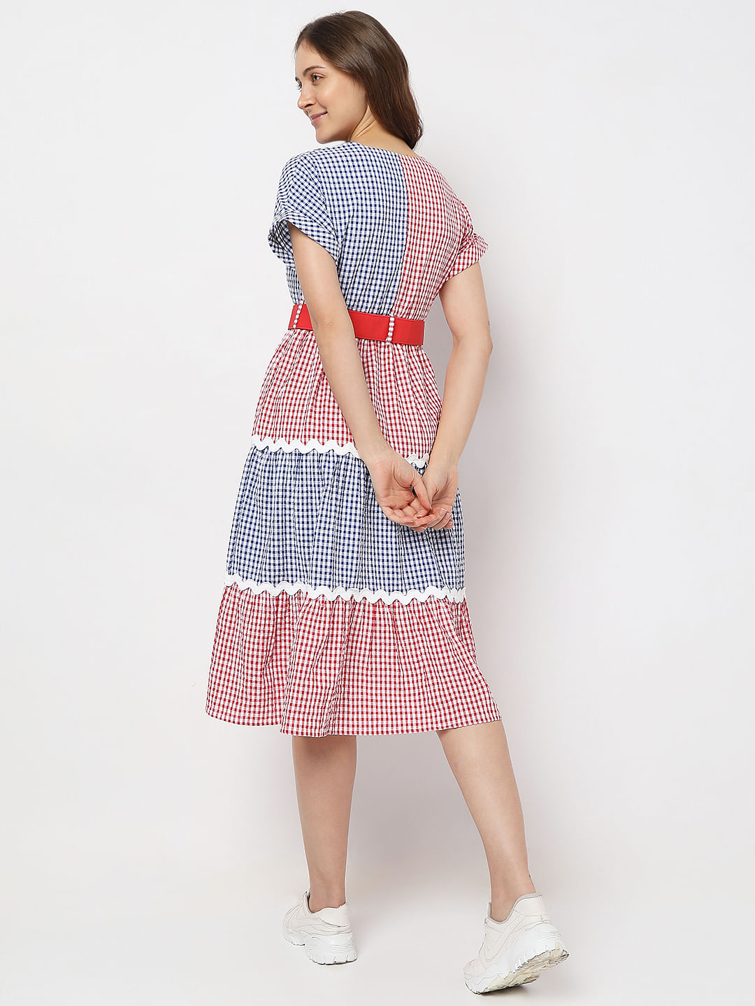 Red Check Print Midi Dress