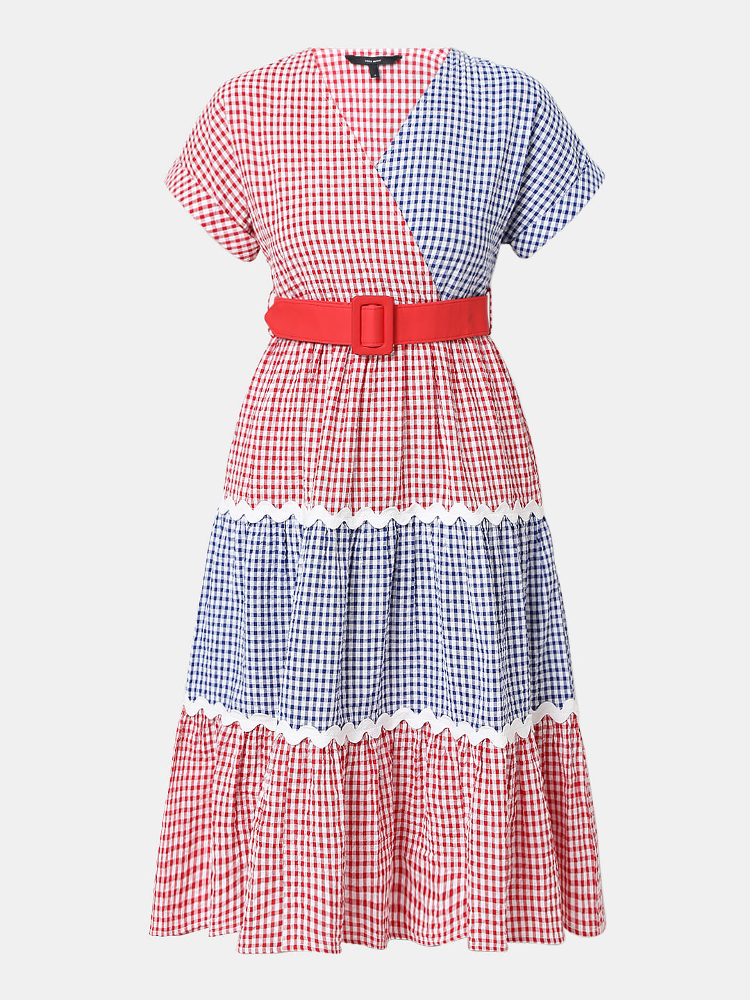 Red Check Print Midi Dress