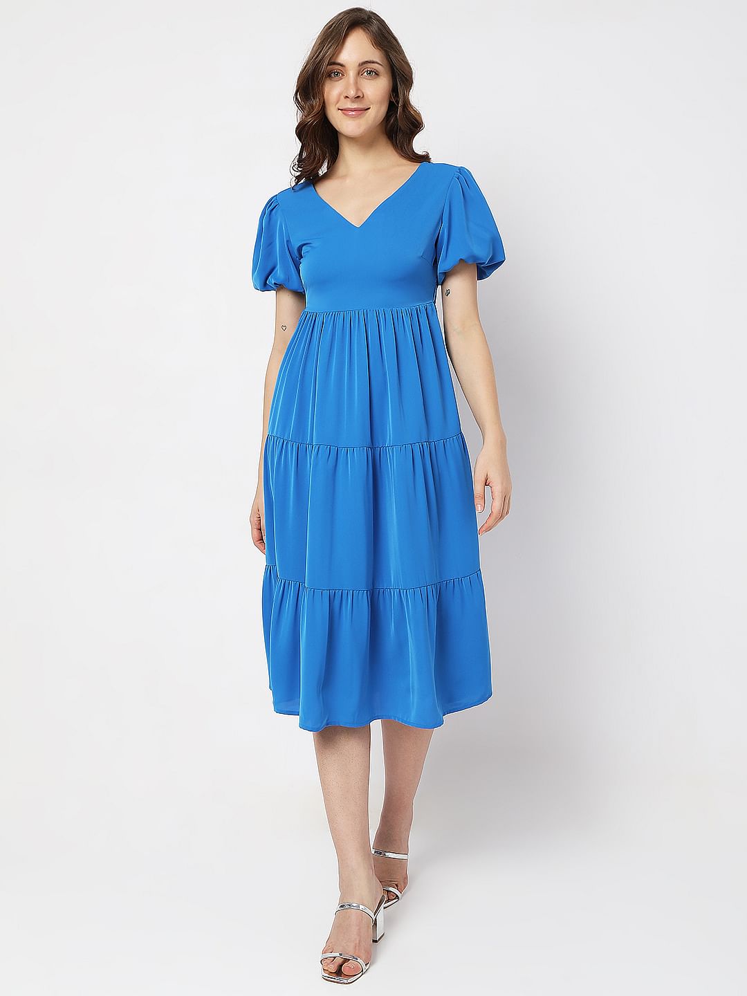 Blue Puff Sleeves Tiered Midi Dress
