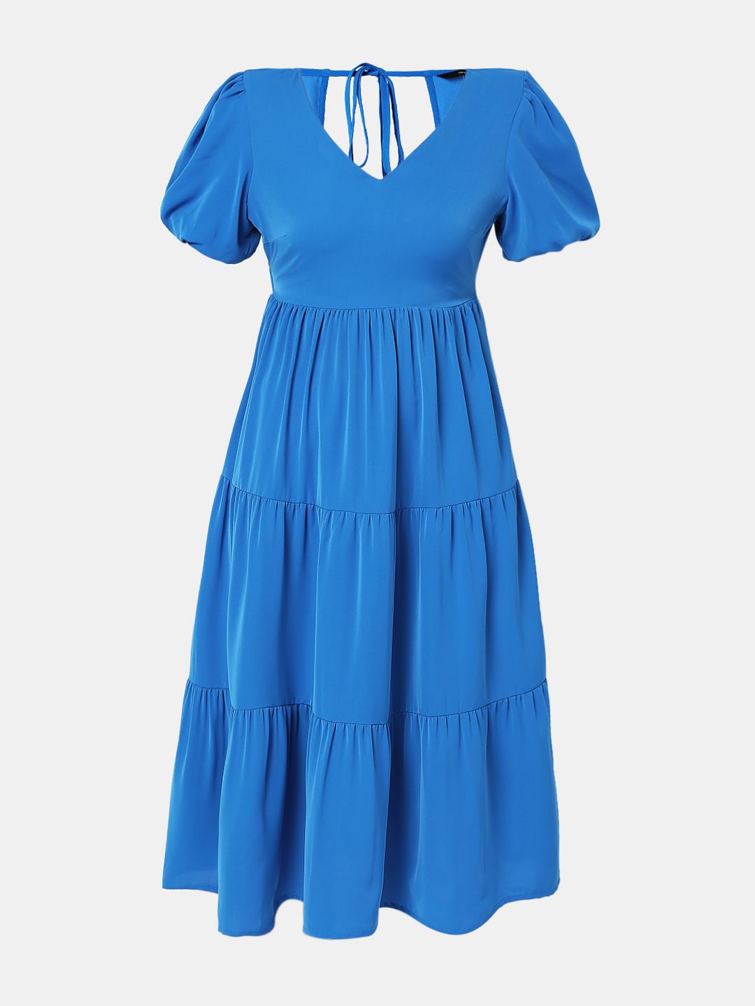 Blue Puff Sleeves Tiered Midi Dress