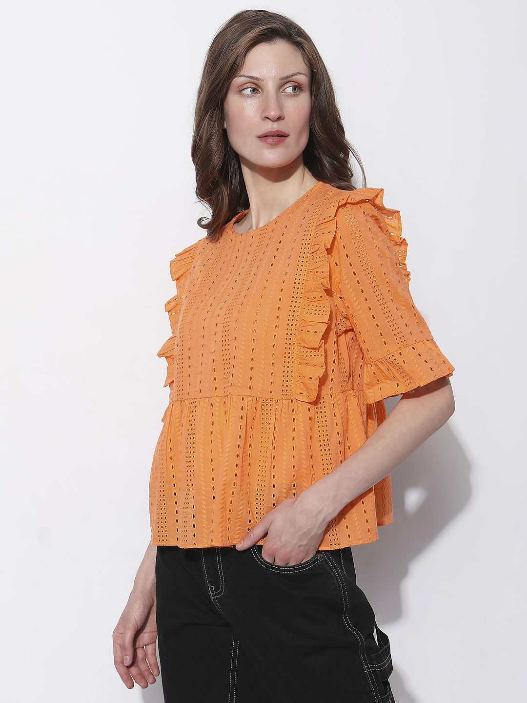 Orange Schiffli Ruffle Top