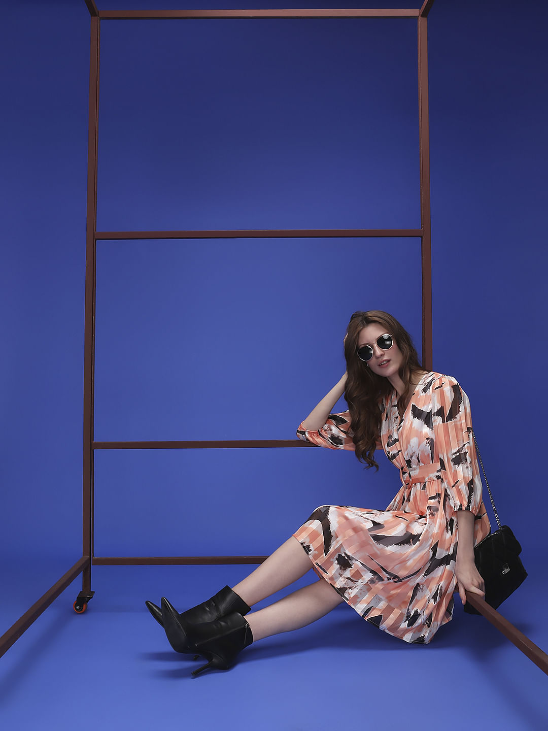 Peach Printed Pleated Dress