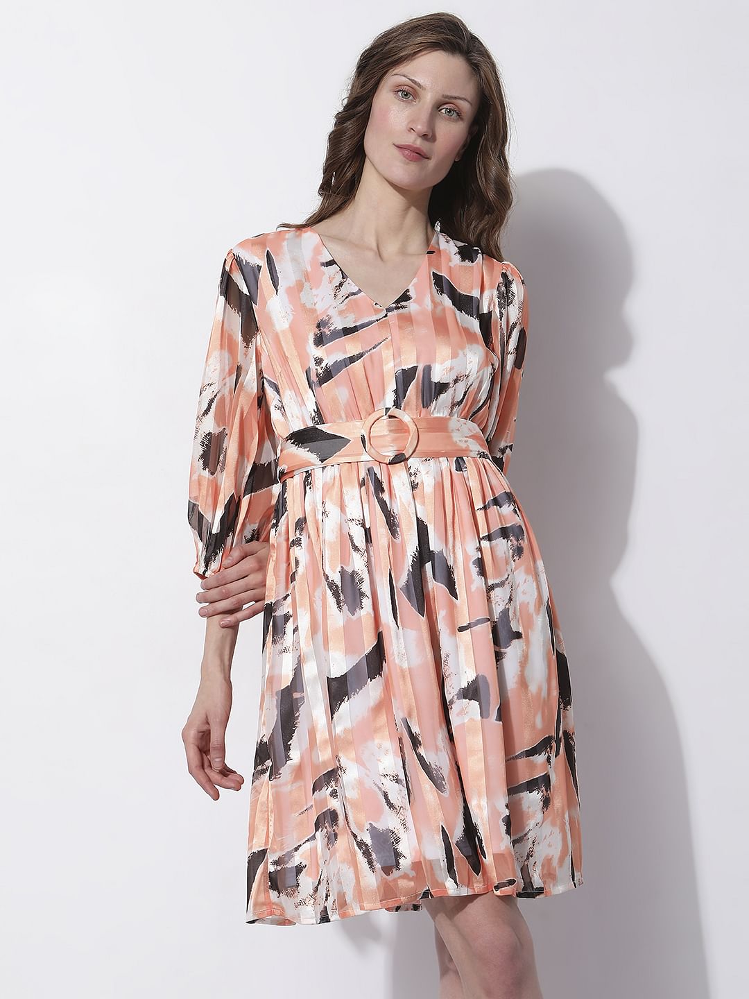 Peach Printed Pleated Dress