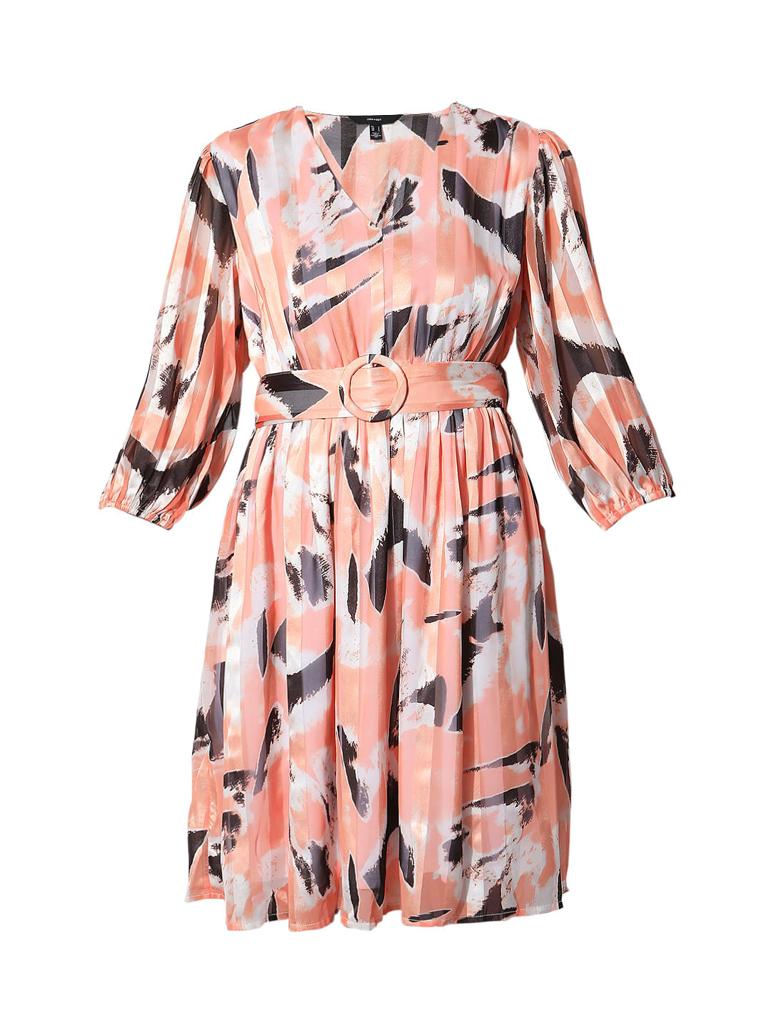 Peach Printed Pleated Dress
