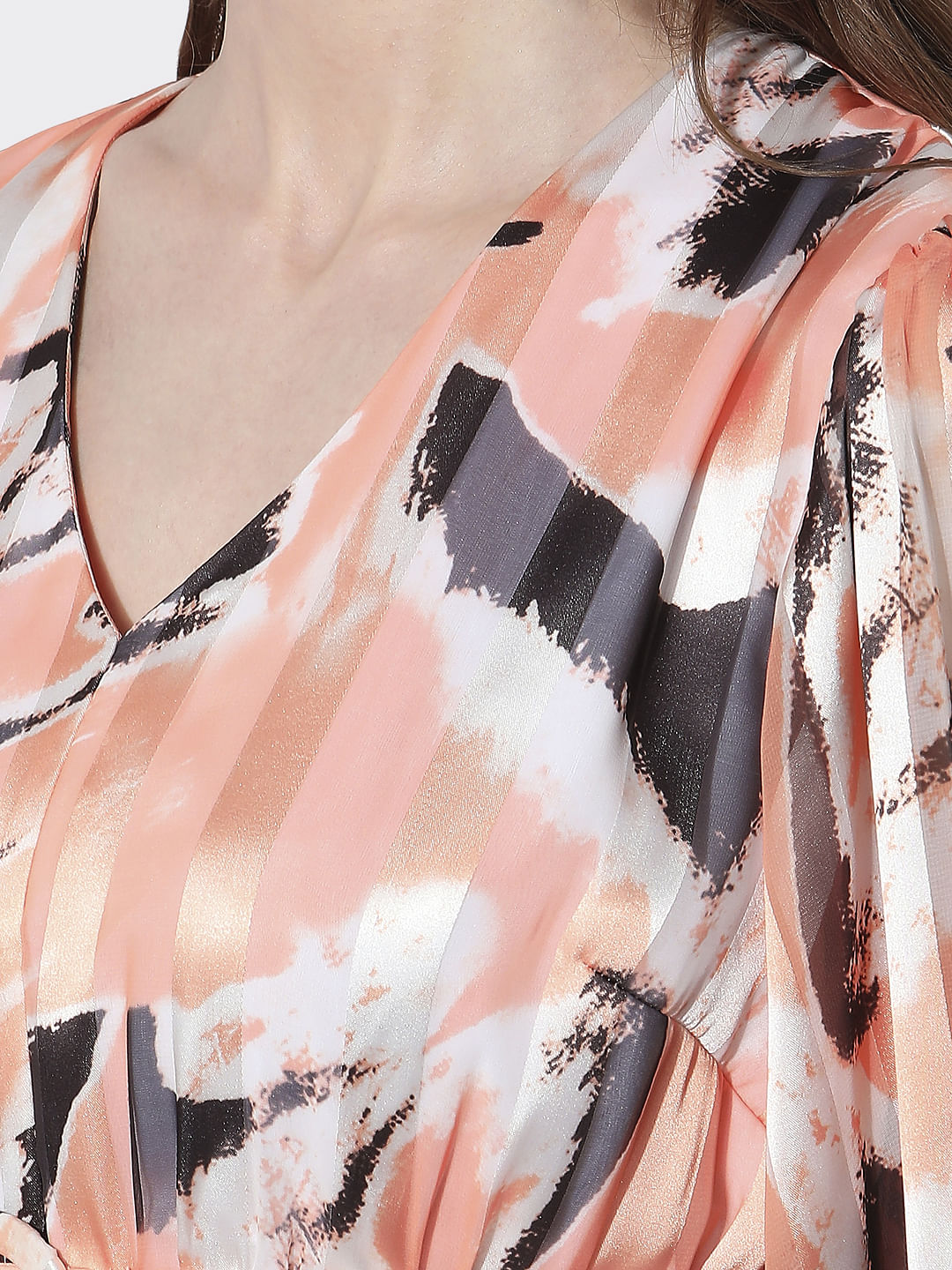 Peach Printed Pleated Dress