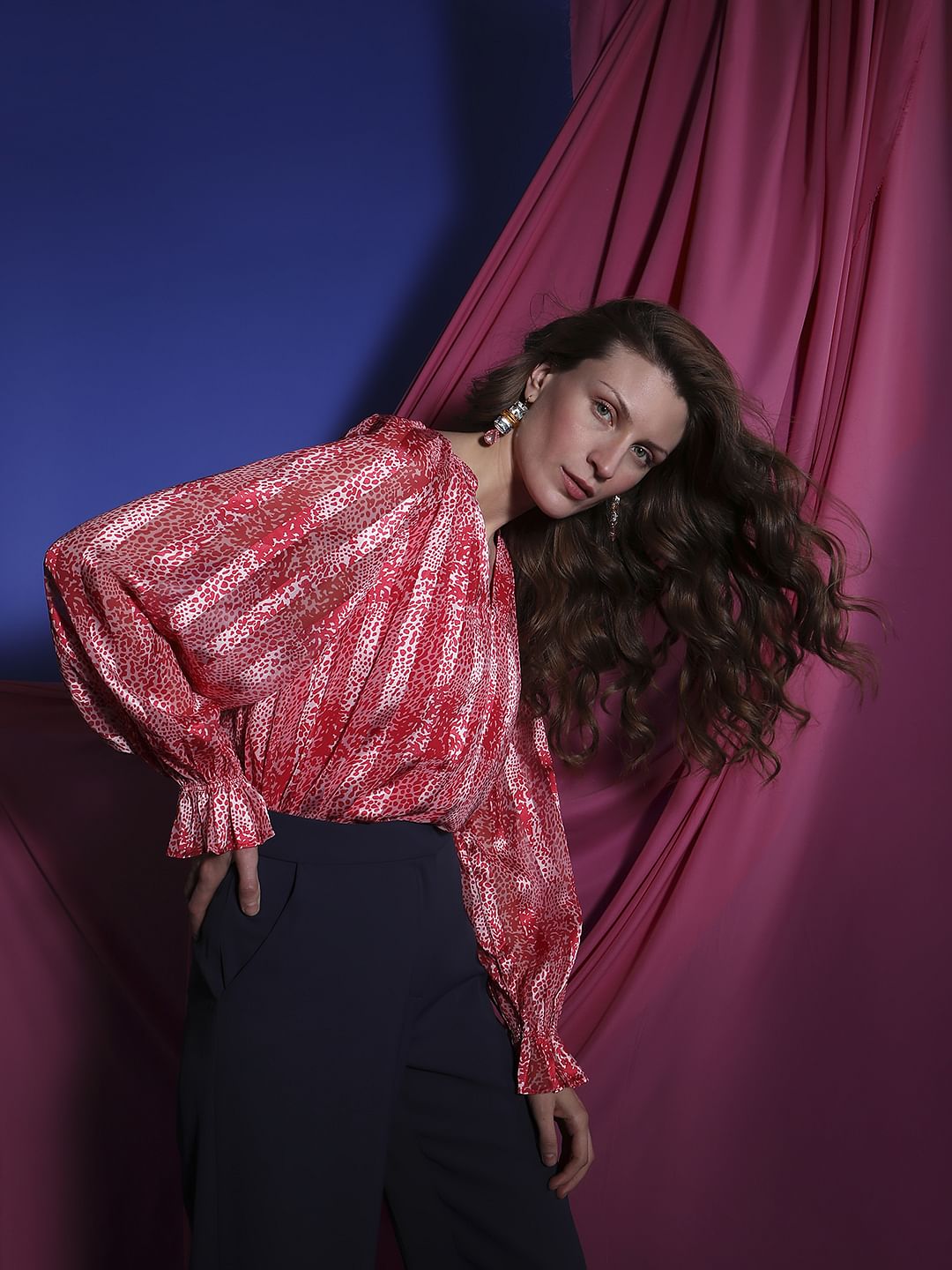 Red Printed Pleated Top