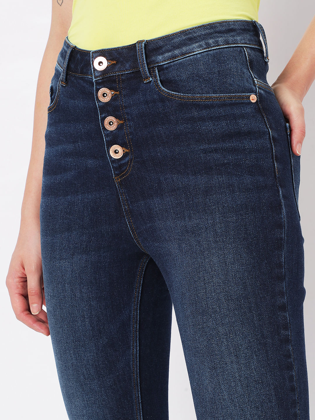 Dark Blue High Rise Buttoned Wendy Skinny Jeans