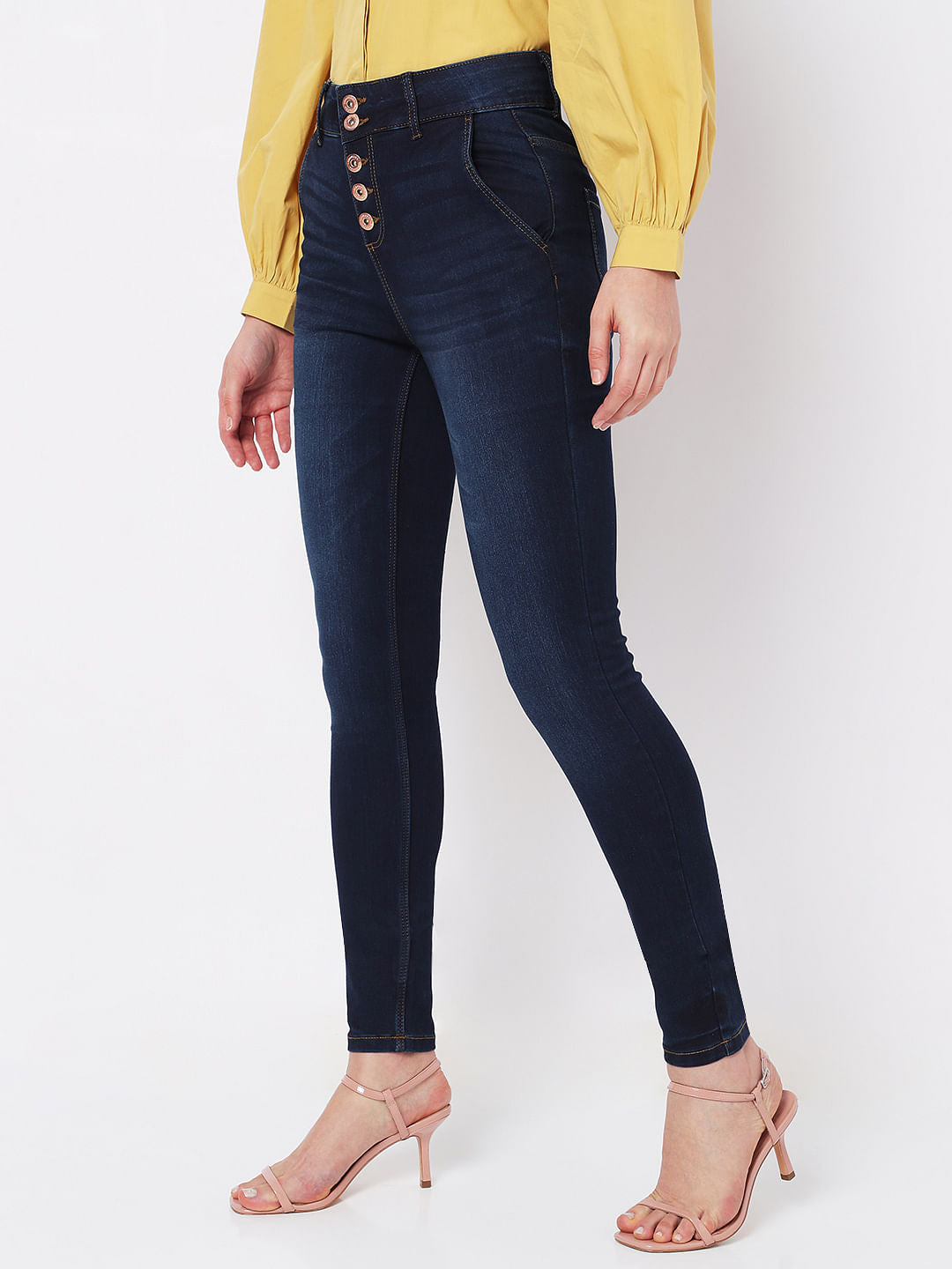 Dark Blue High Rise Buttoned Wendy Skinny Jeans
