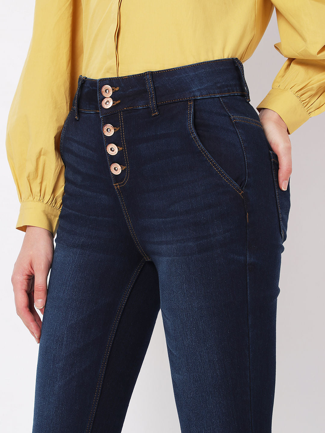 Dark Blue High Rise Buttoned Wendy Skinny Jeans