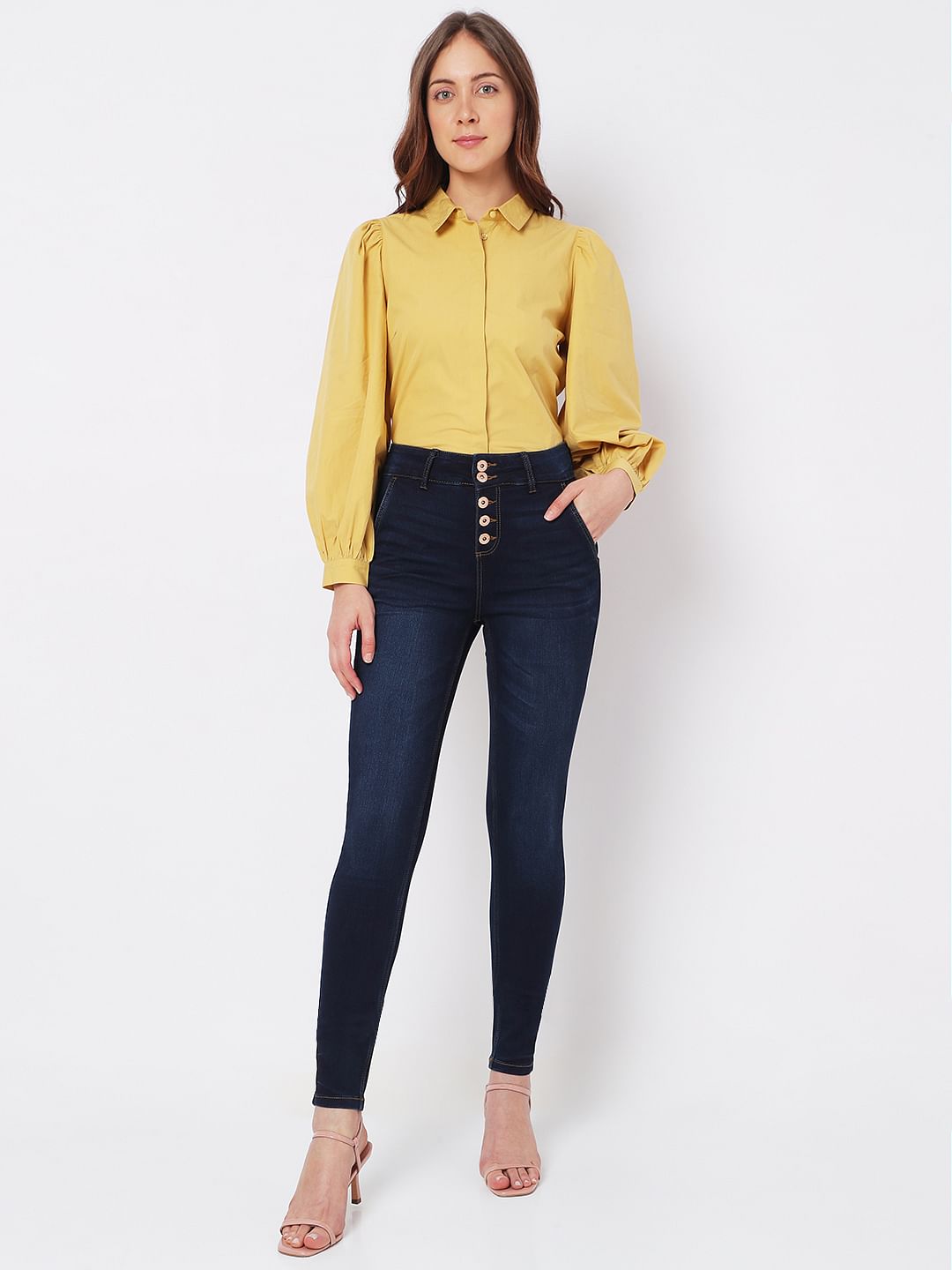 Dark Blue High Rise Buttoned Wendy Skinny Jeans