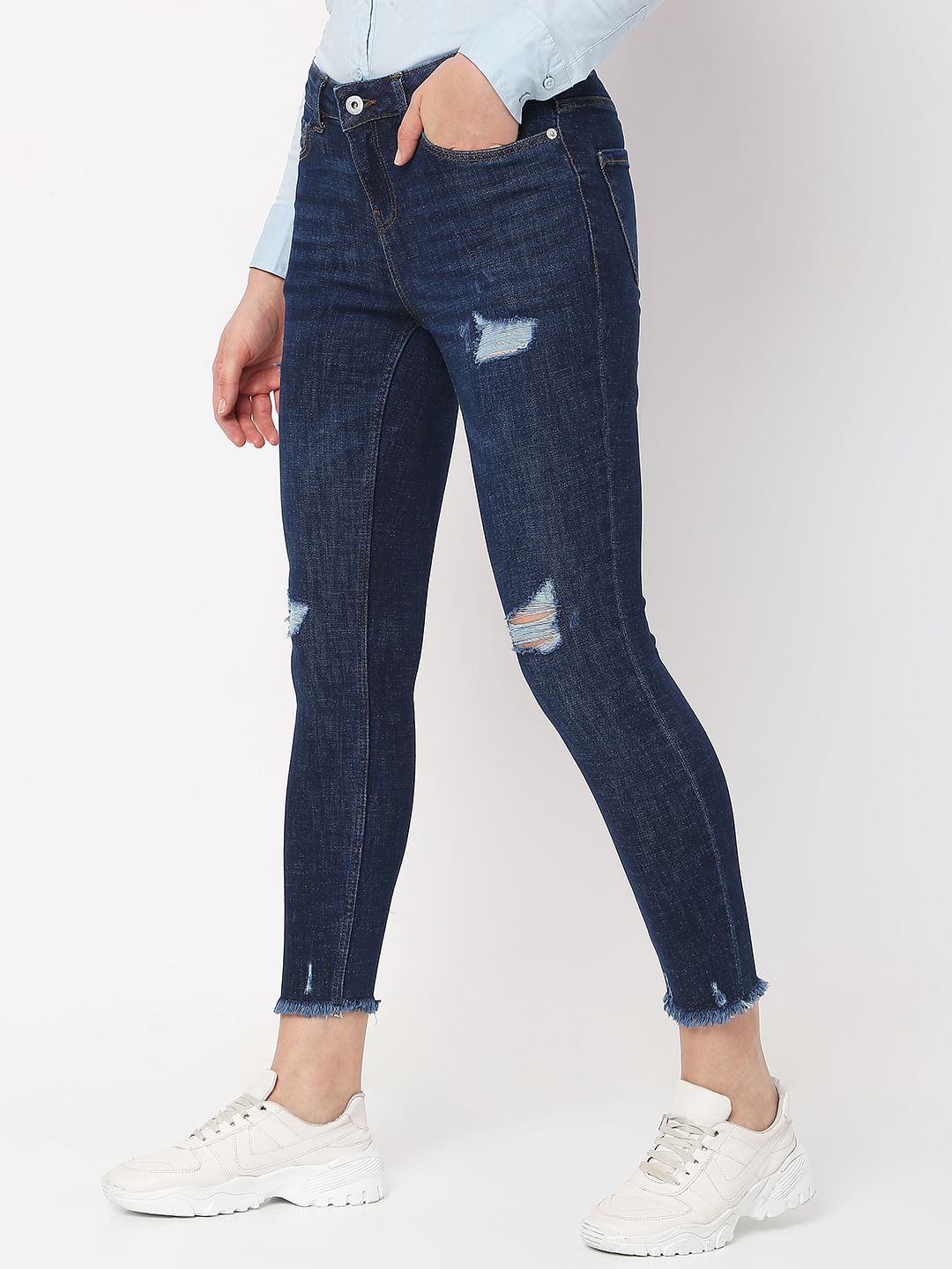 Dark Blue Mid Rise Distressed Wendy Skinny Jeans