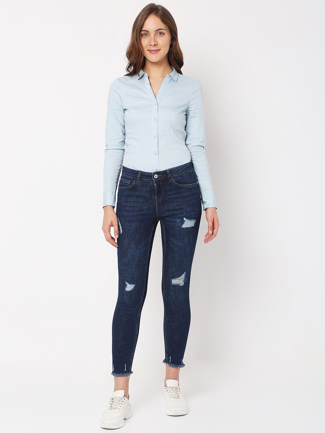 Dark Blue Mid Rise Distressed Wendy Skinny Jeans