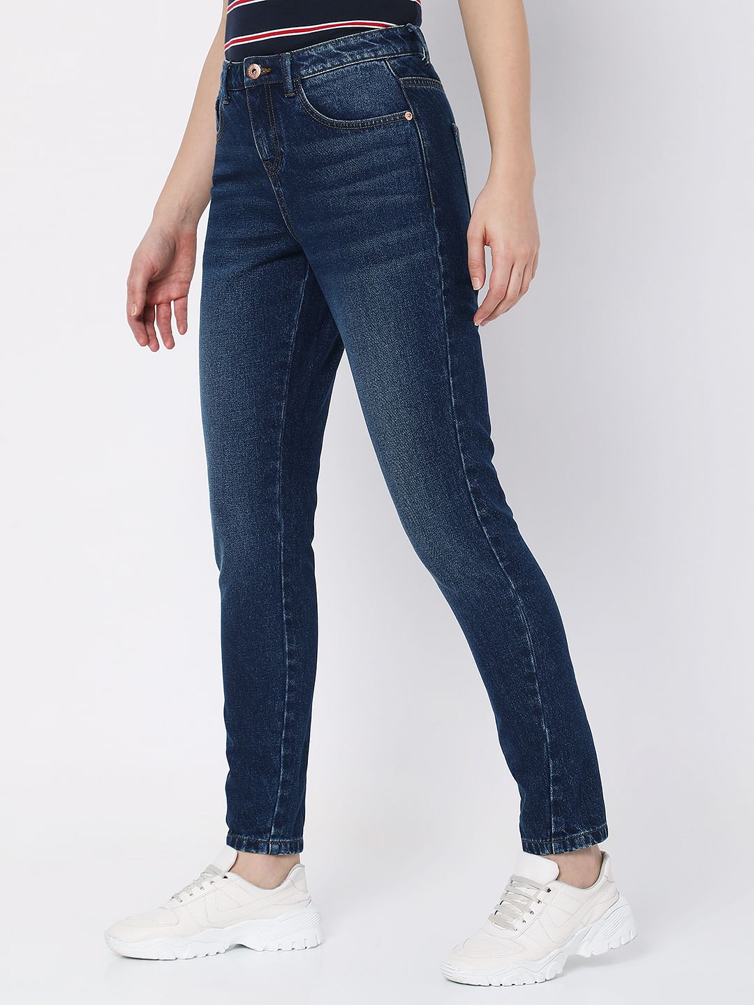 Dark Blue Mid Rise Girlfriend Fit Jeans