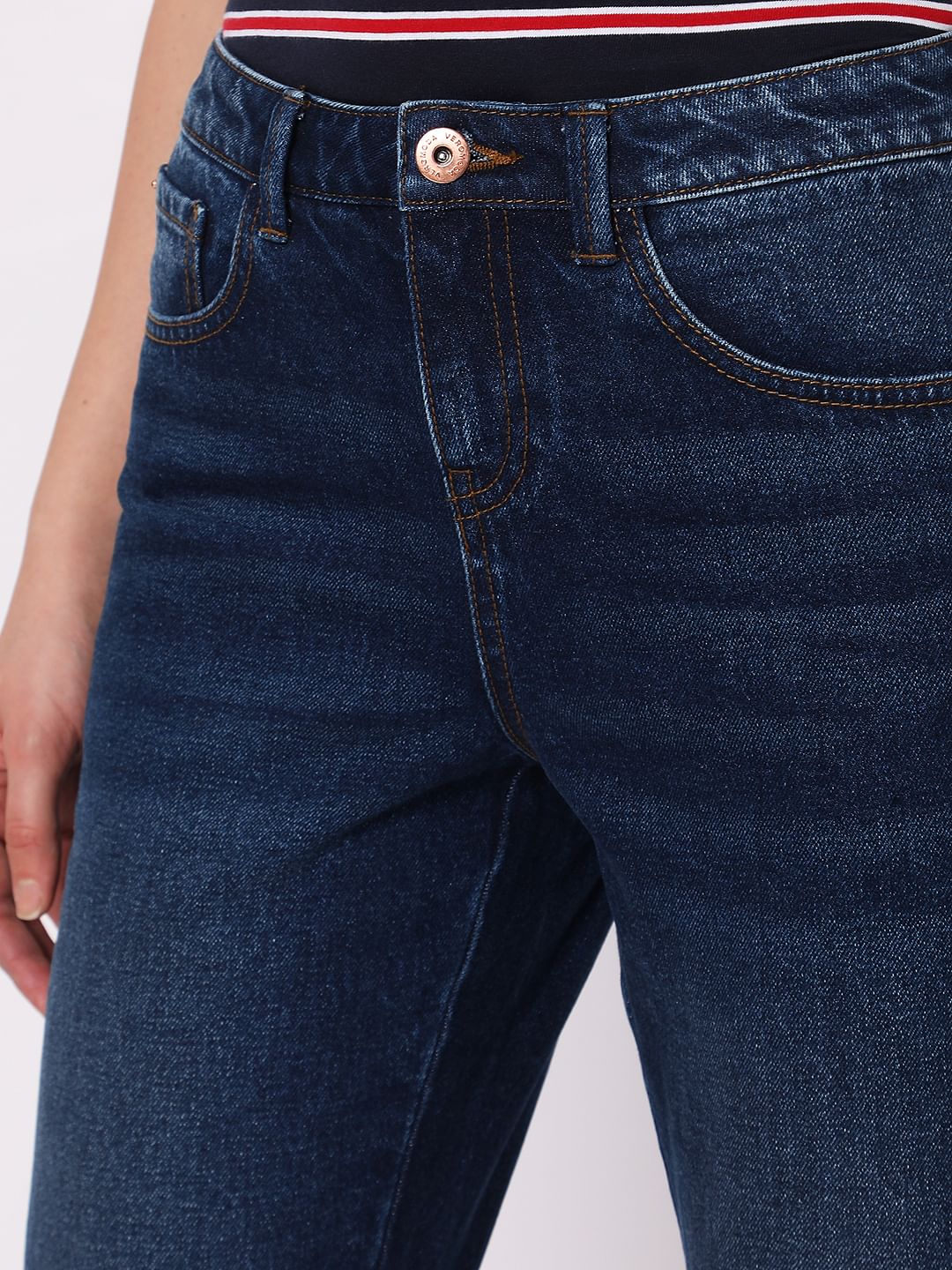 Dark Blue Mid Rise Girlfriend Fit Jeans