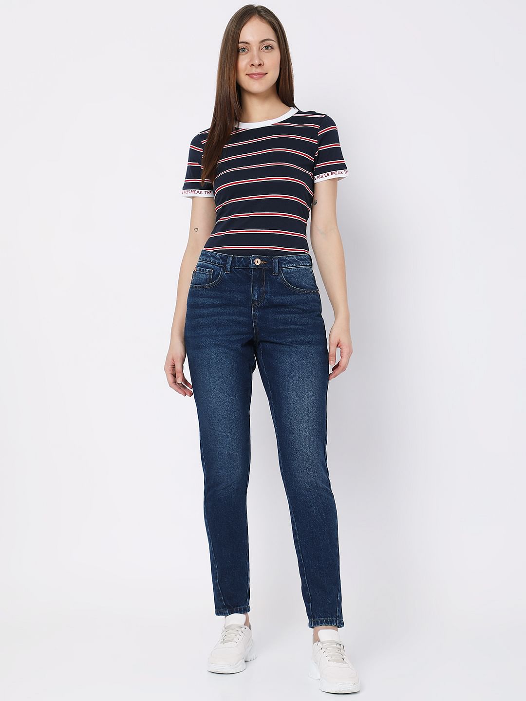 Dark Blue Mid Rise Girlfriend Fit Jeans