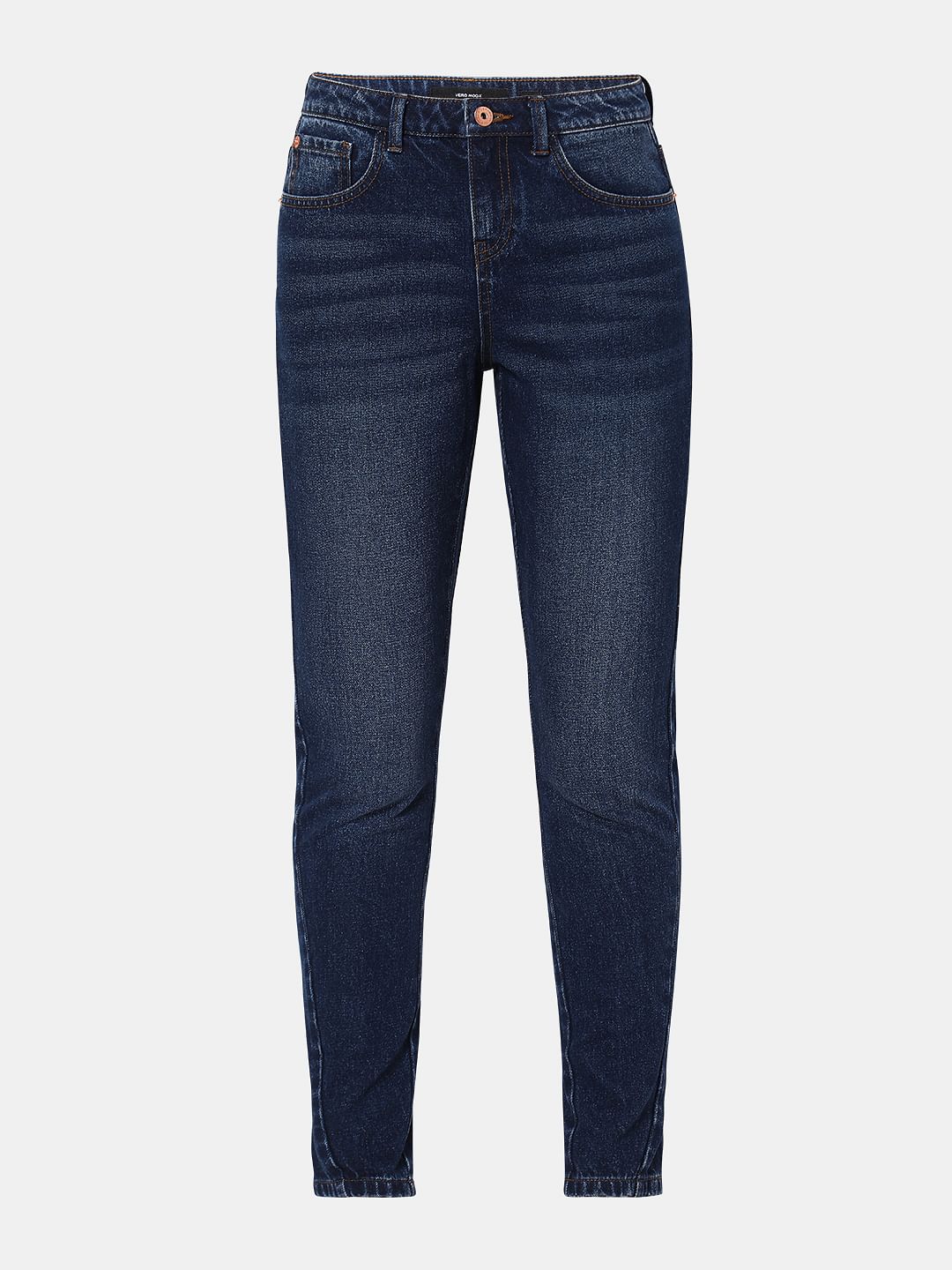 Dark Blue Mid Rise Girlfriend Fit Jeans