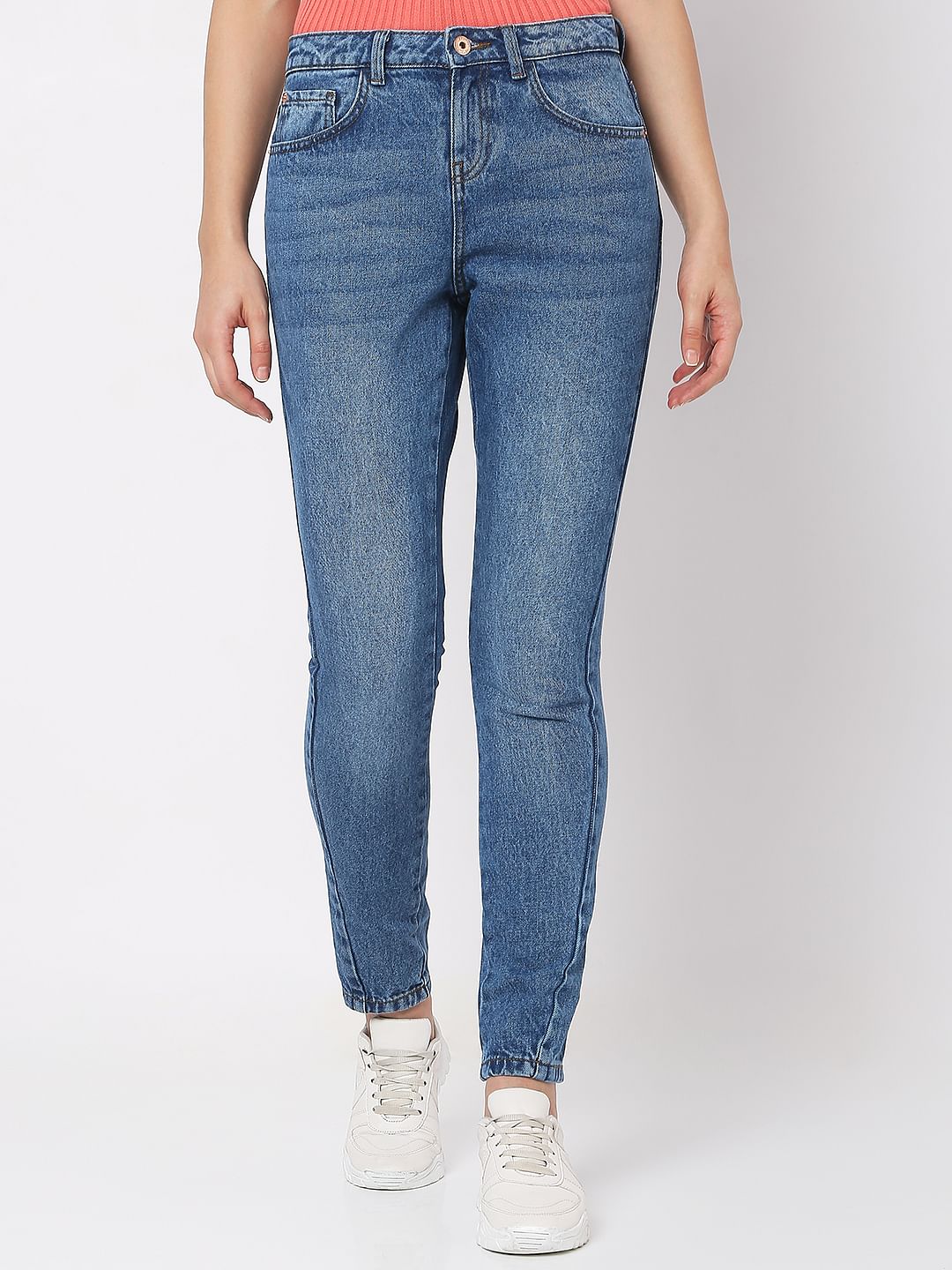 Blue Mid Rise Girlfriend Fit Jeans