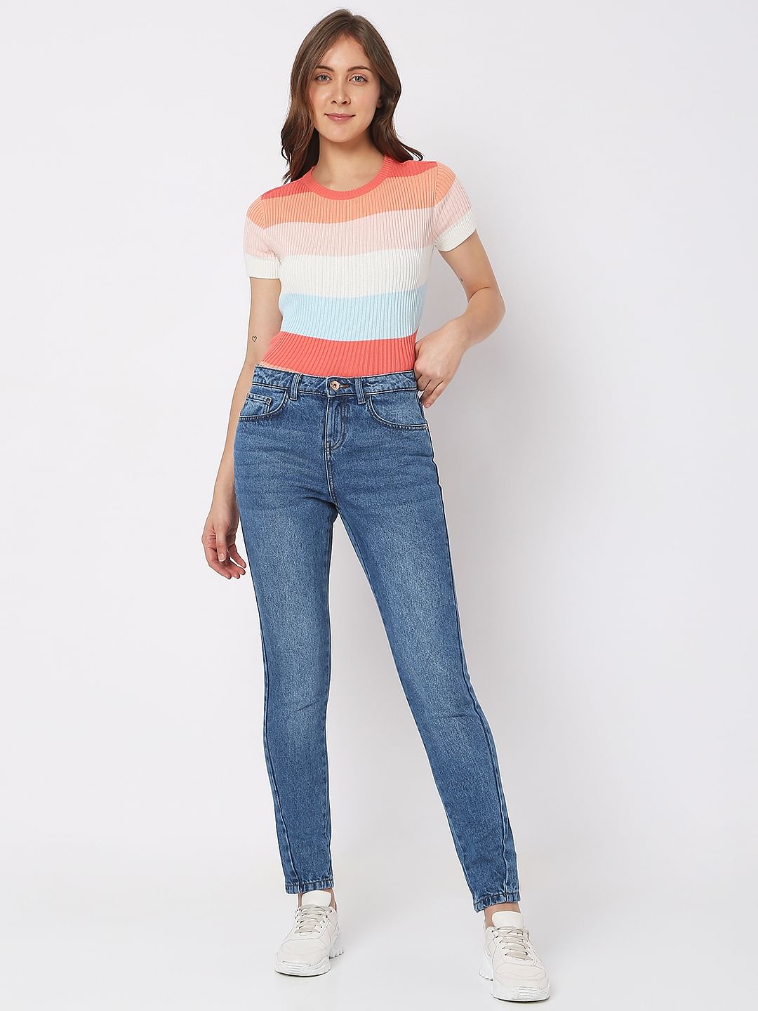 Blue Mid Rise Girlfriend Fit Jeans