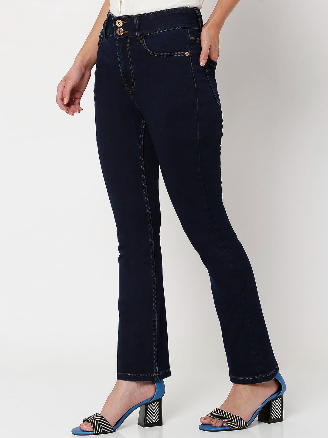 Dark Blue High Rise Twin Button Petra Bootcut Jeans