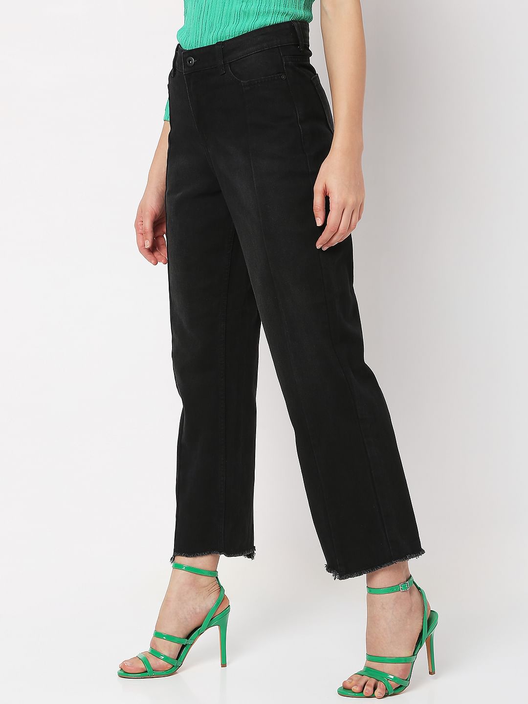 Black High Rise Frayed Jade Straight Fit Jeans