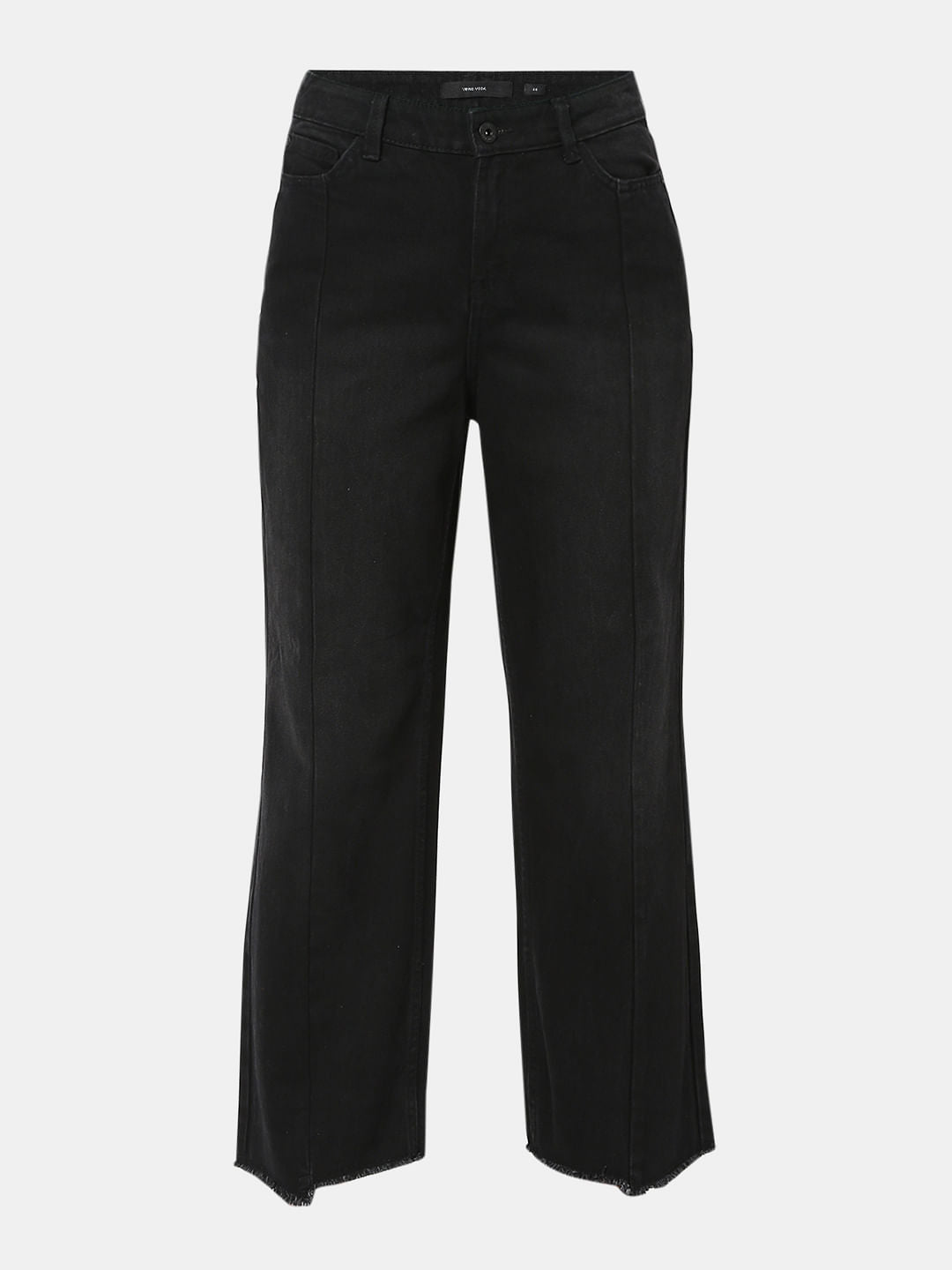 Black High Rise Frayed Jade Straight Fit Jeans