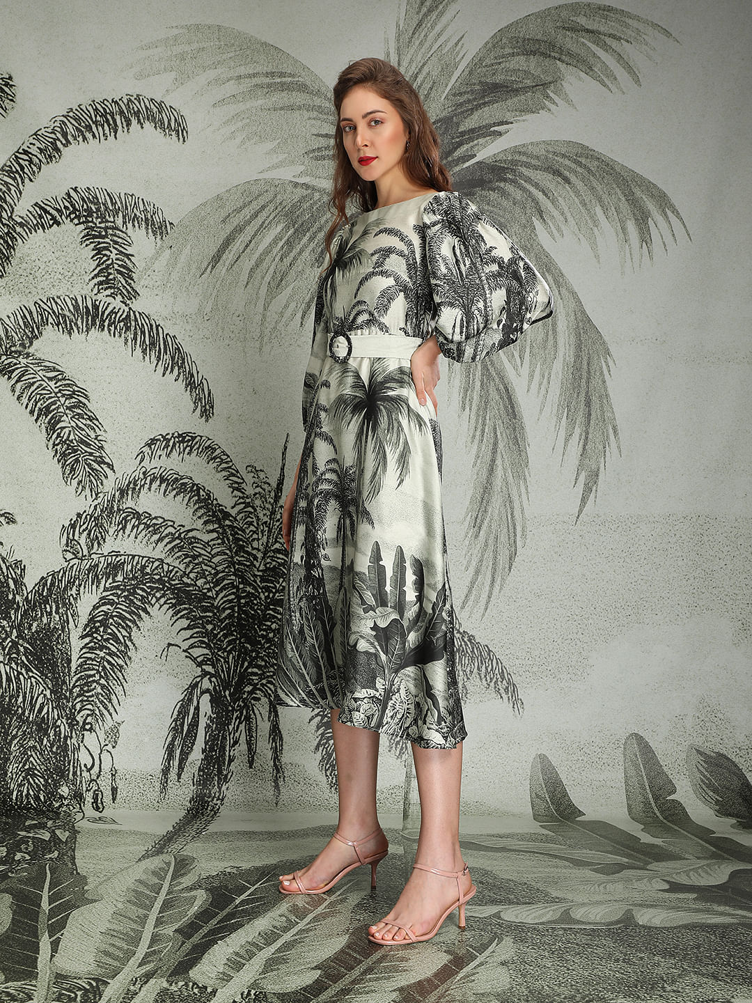 Marquee White Tropical Print Satin Dress