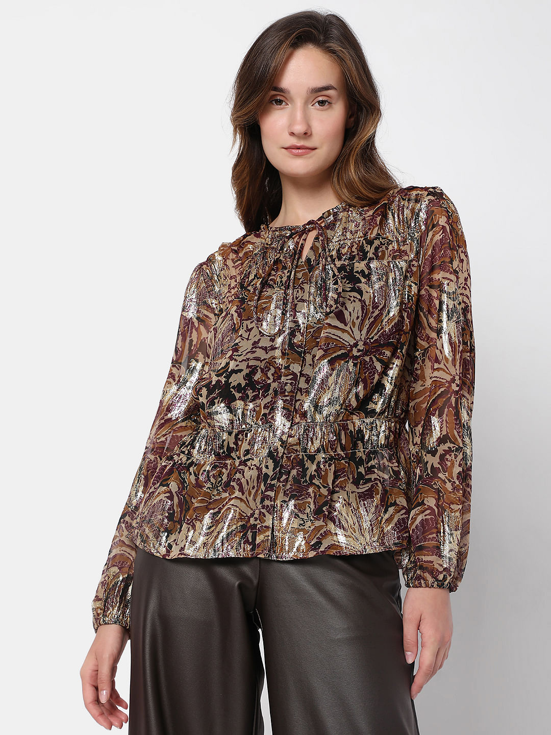 Brown Floral Shimmer Top