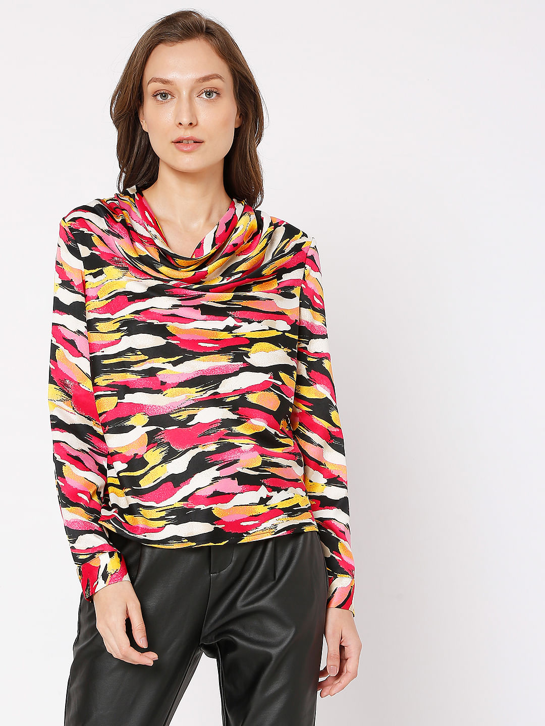 Red Abstract Print Cowl Neck Top