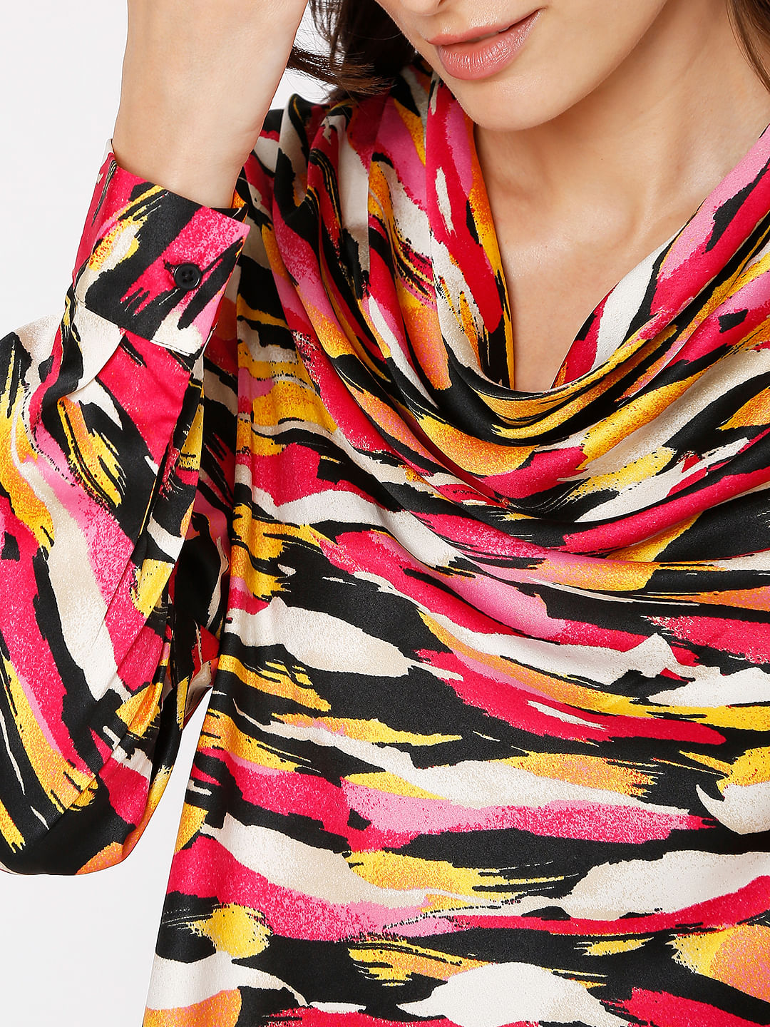Red Abstract Print Cowl Neck Top