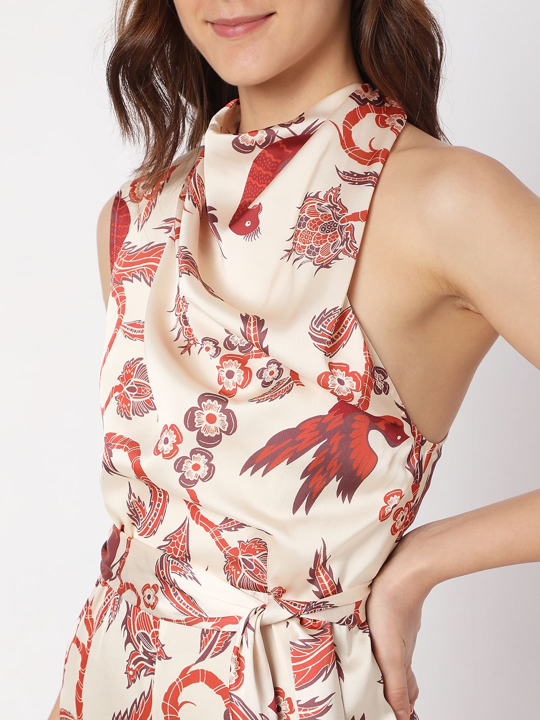 Beige Printed Halter Neck Jumpsuit