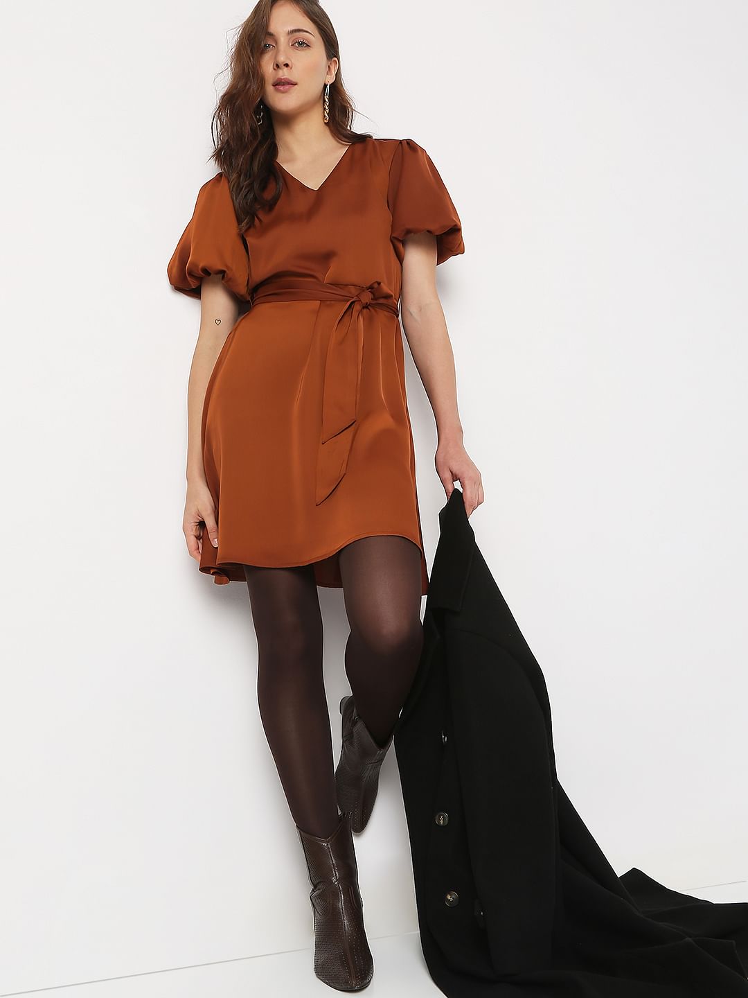 Brown Puff Sleeves Dress