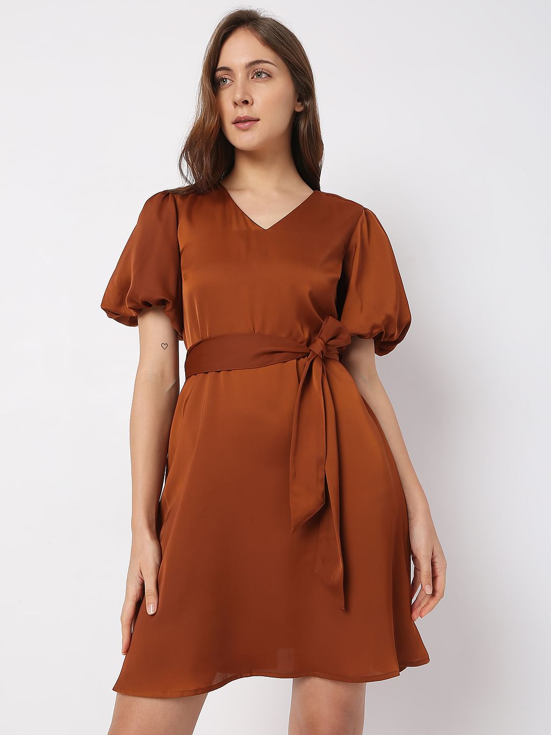 Brown Puff Sleeves Dress