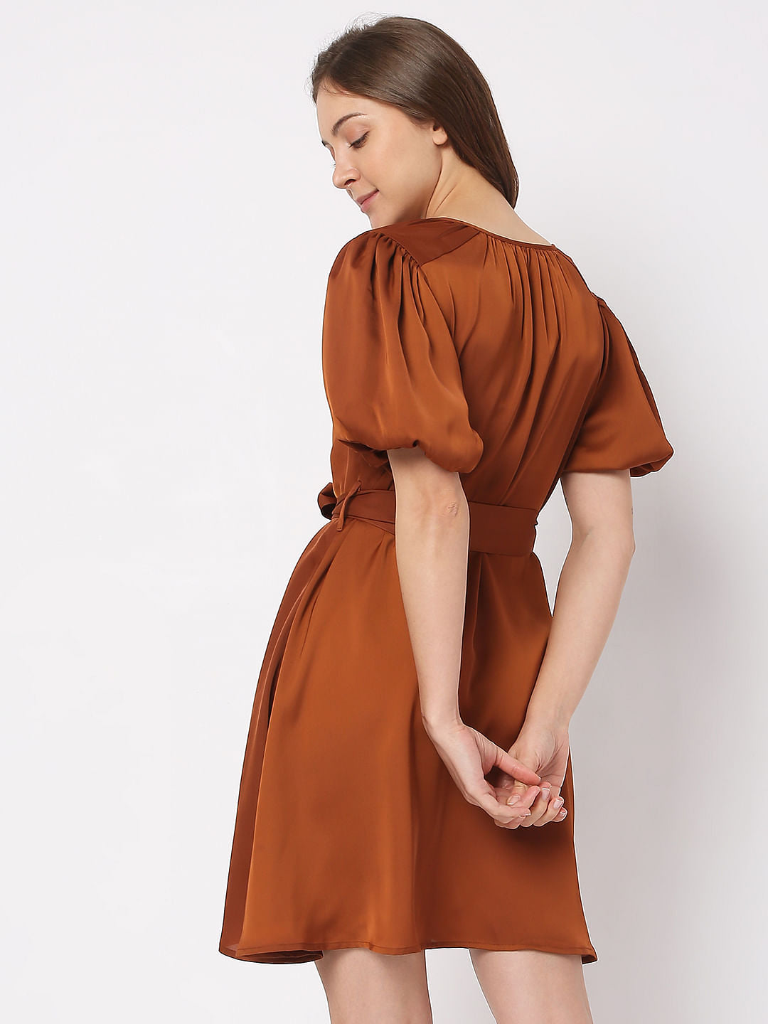 Brown Puff Sleeves Dress