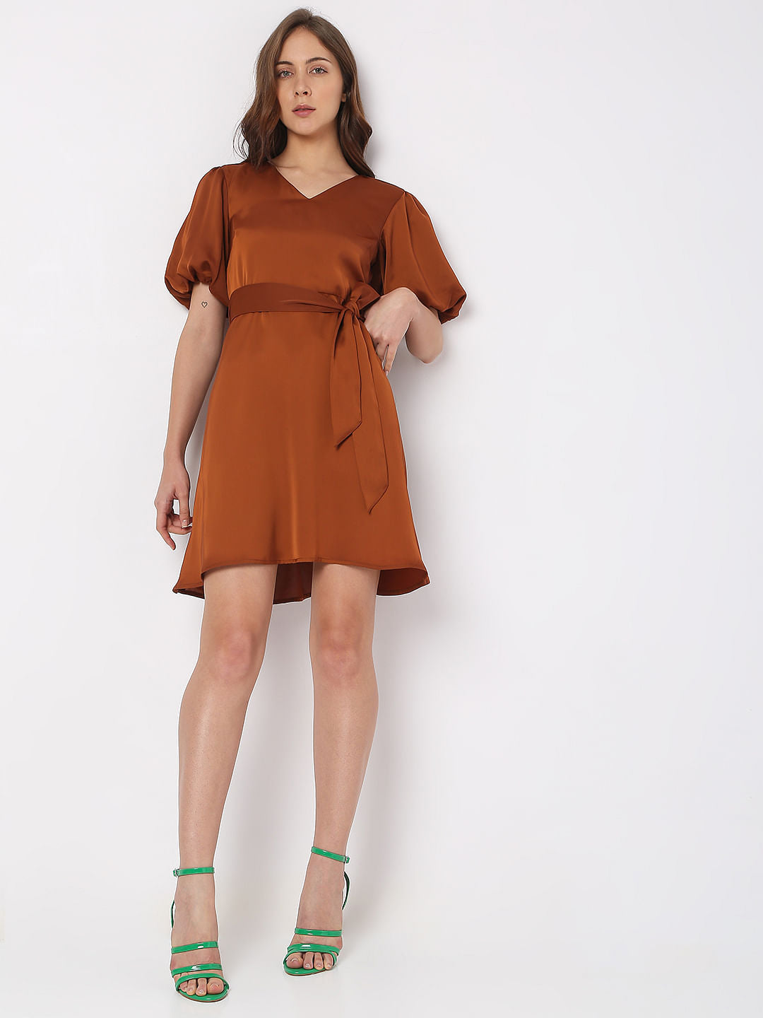 Brown Puff Sleeves Dress