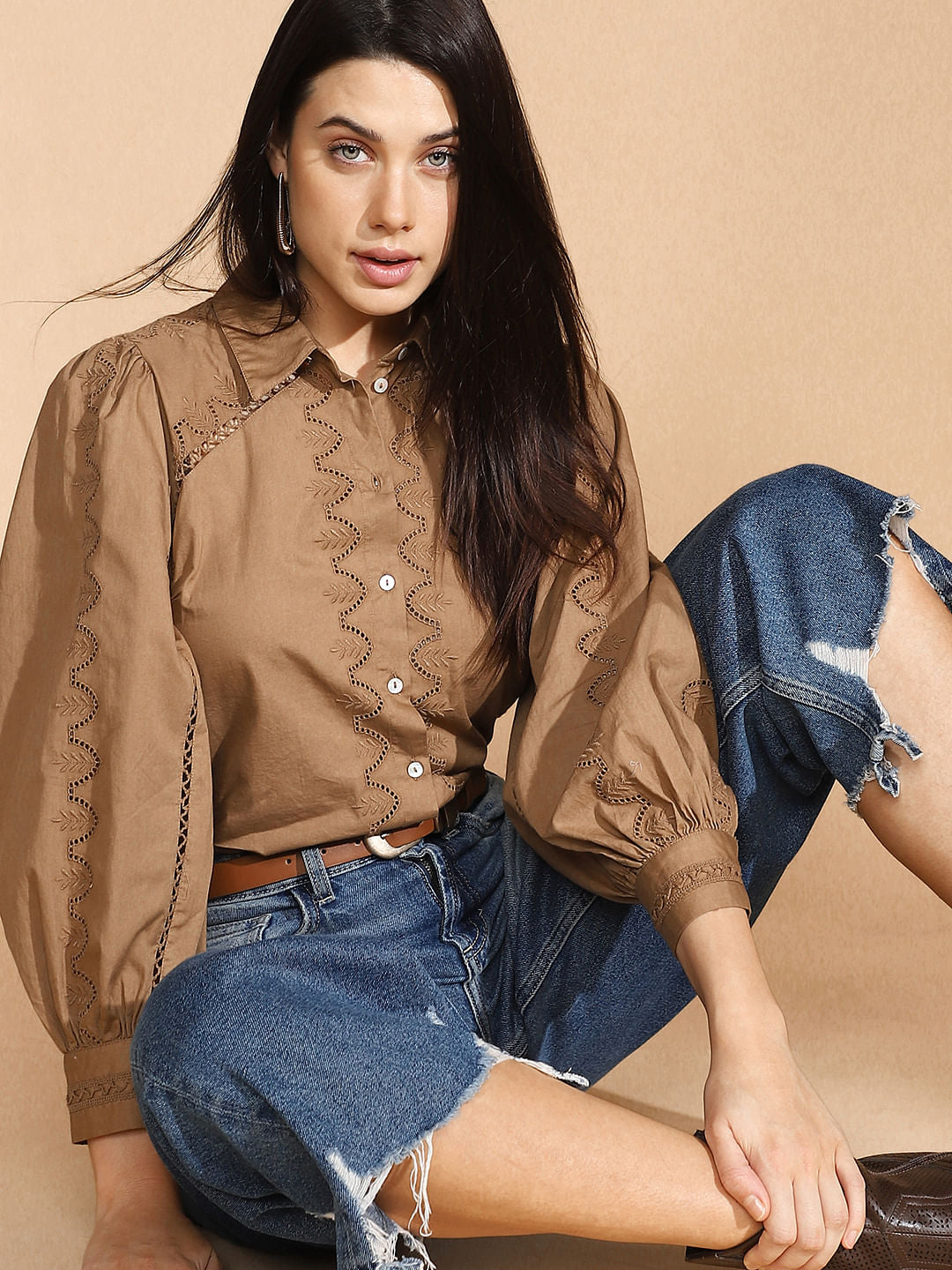 Brown Schiffli Cotton Shirt