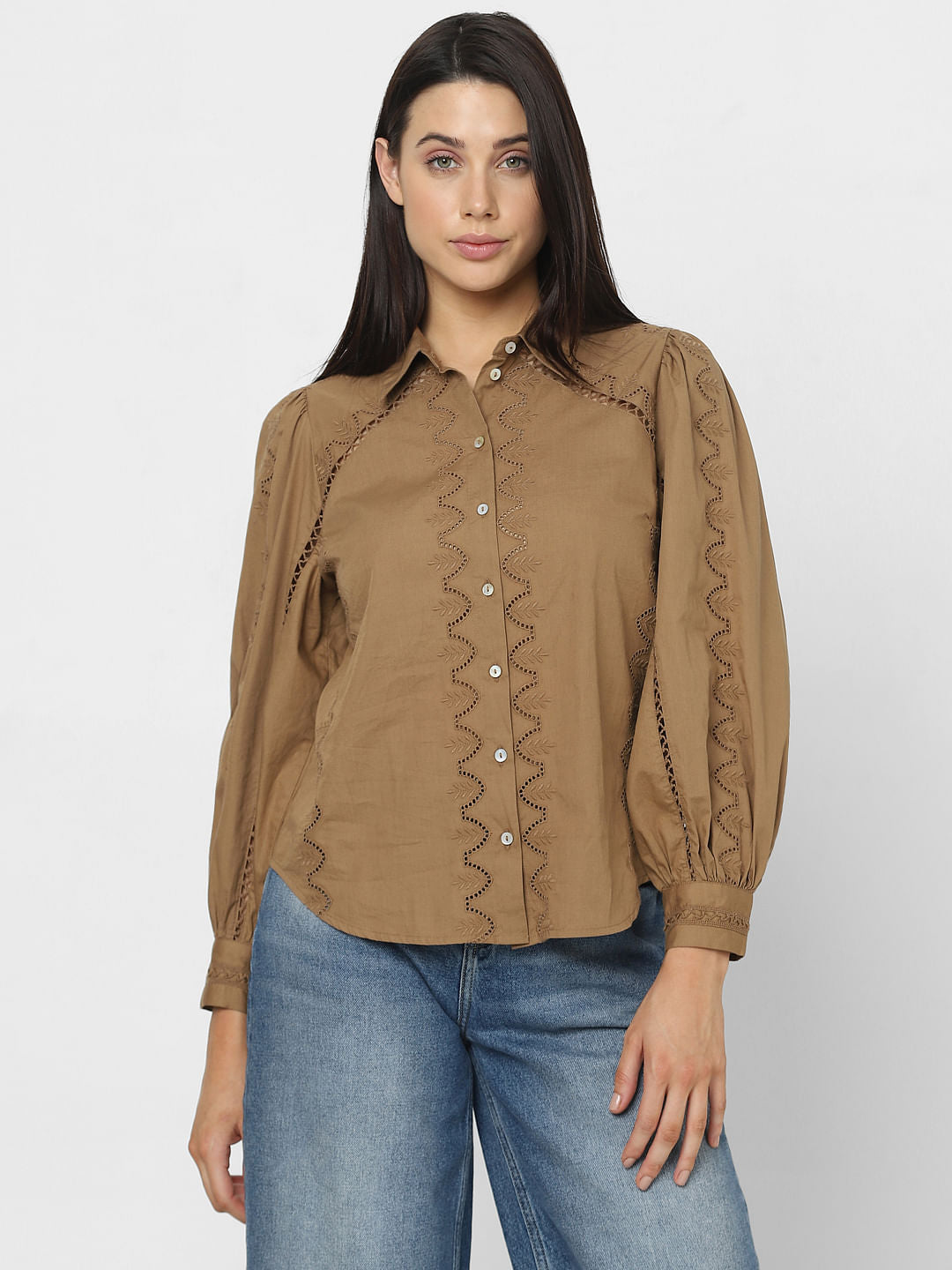 Brown Schiffli Cotton Shirt