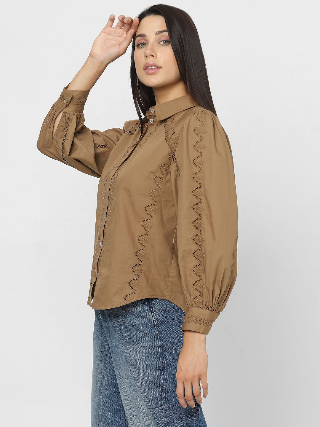 Brown Schiffli Cotton Shirt